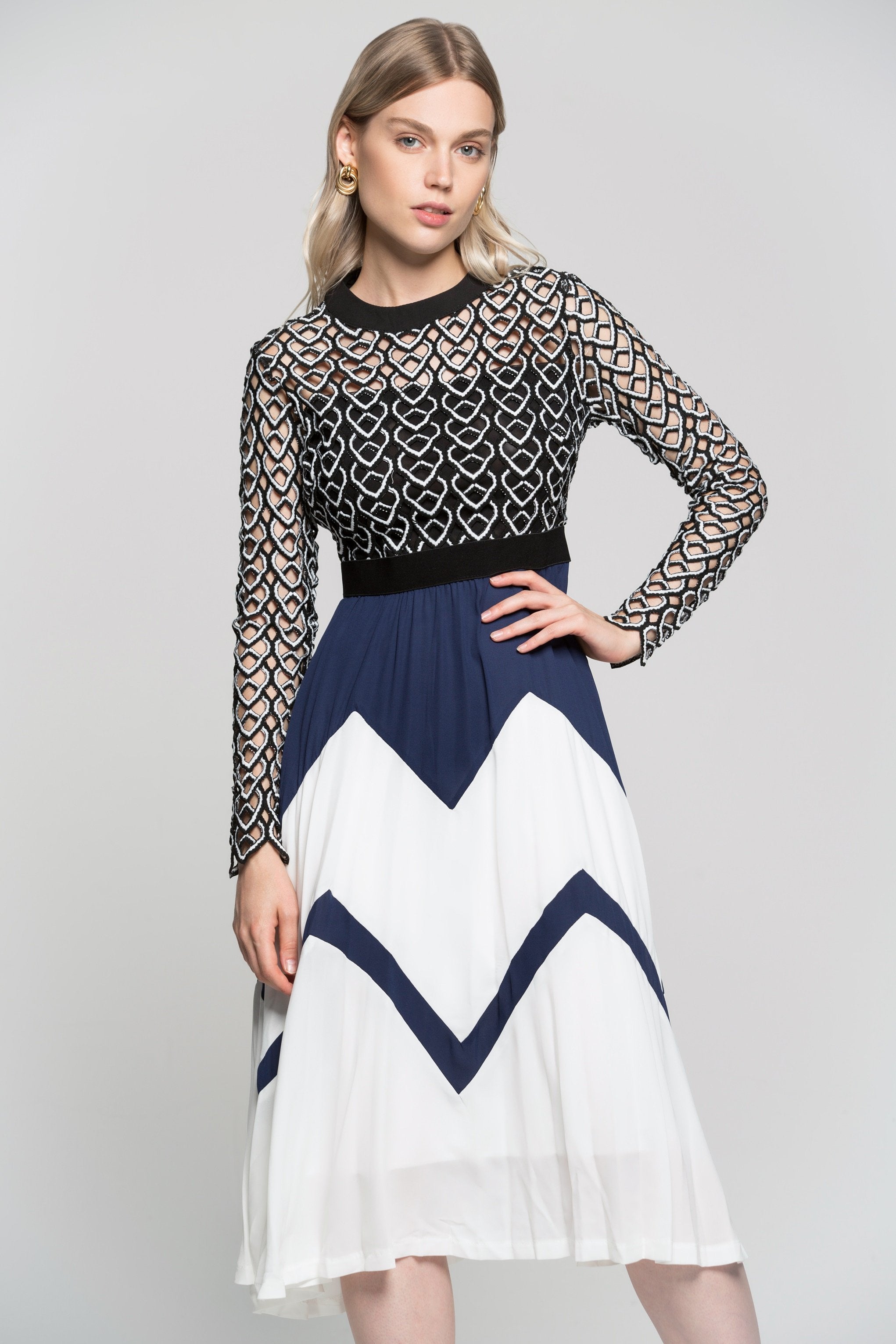 Navy Blue Black And White Detailed Embroidered Dress - ownthelooks-Development