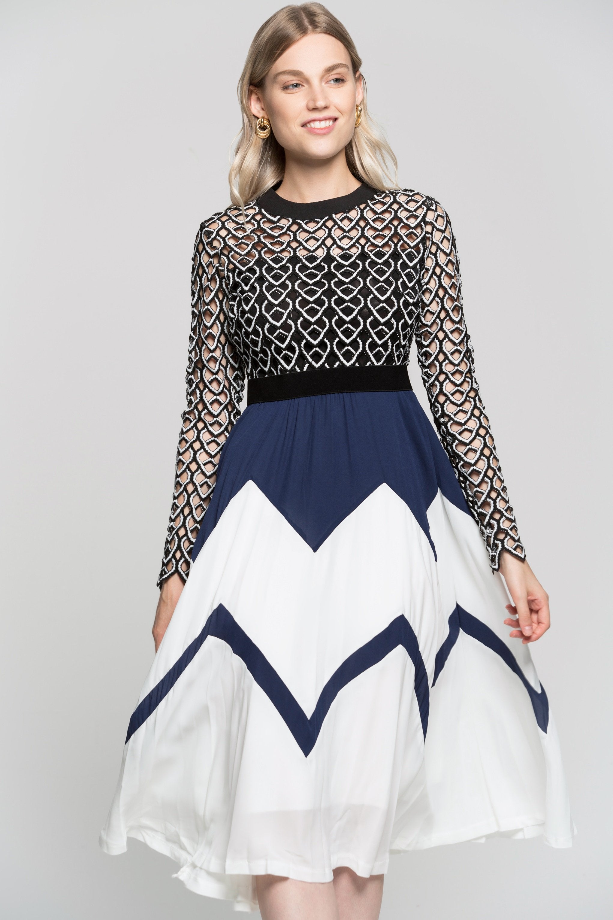 Navy Blue Black And White Detailed Embroidered Dress - ownthelooks-Development