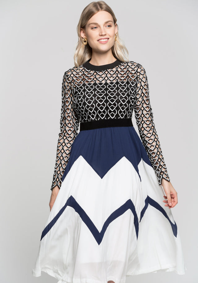 Navy Blue Black And White Detailed Embroidered Dress - ownthelooks-Development