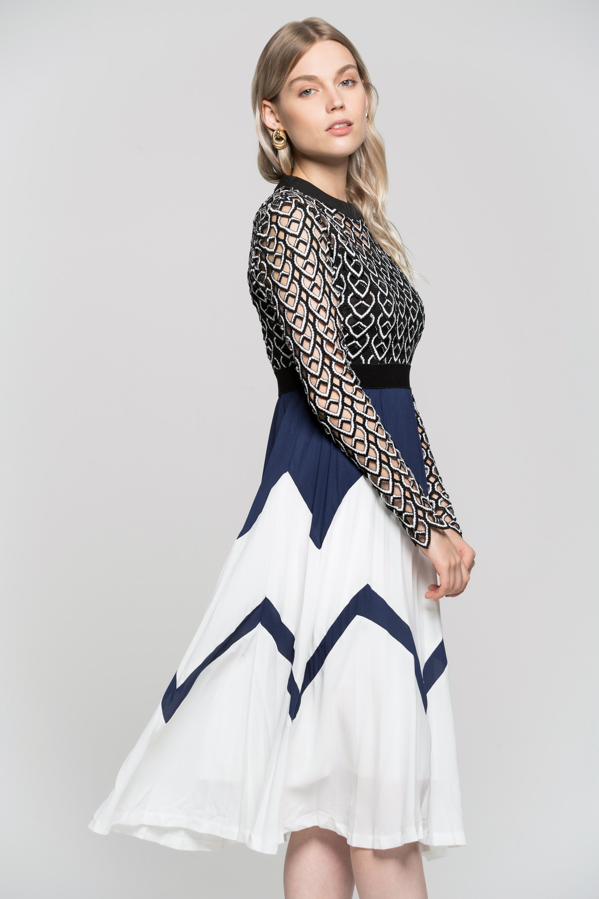 Navy Blue Black And White Detailed Embroidered Dress - ownthelooks-Development