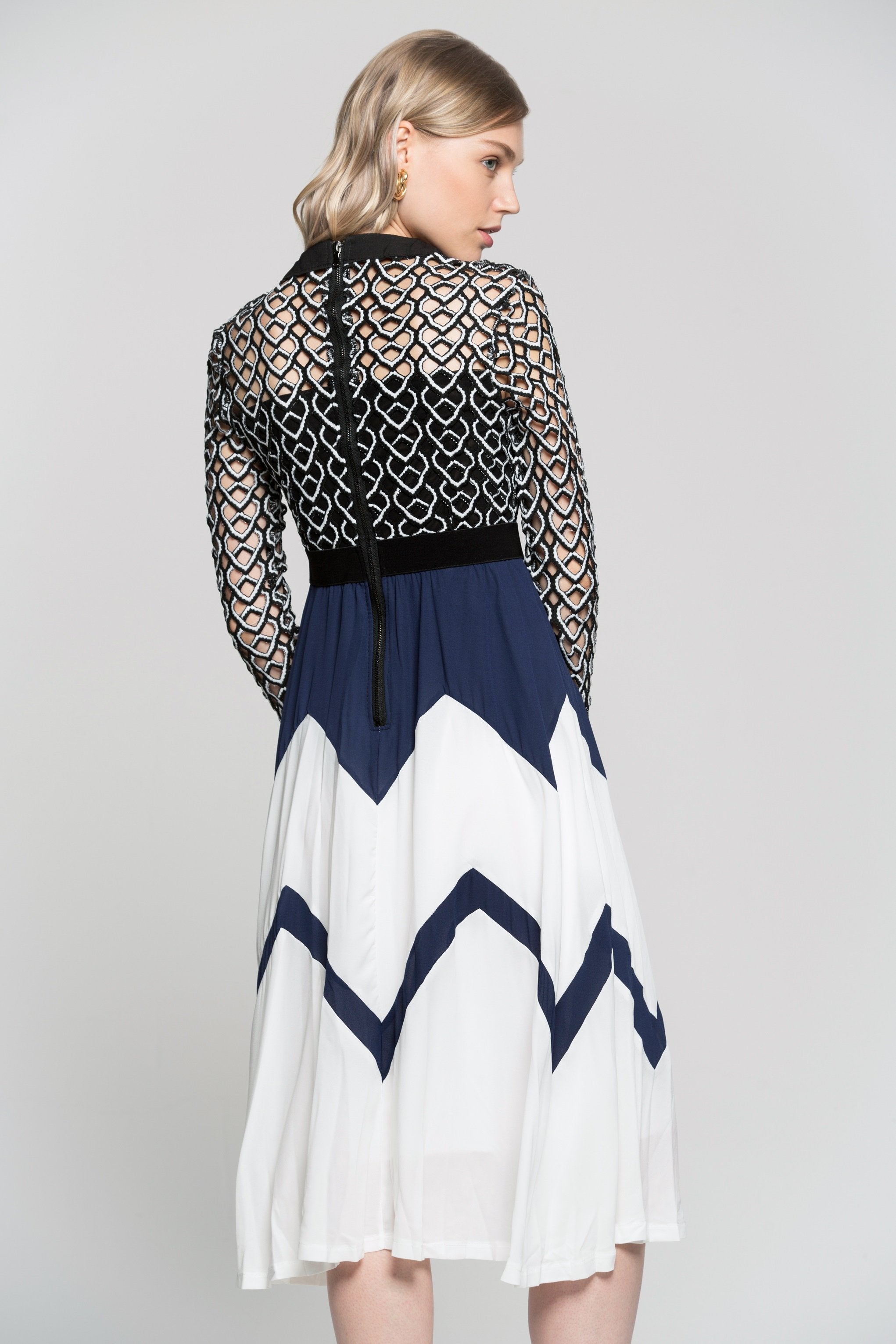Navy Blue Black And White Detailed Embroidered Dress - ownthelooks-Development