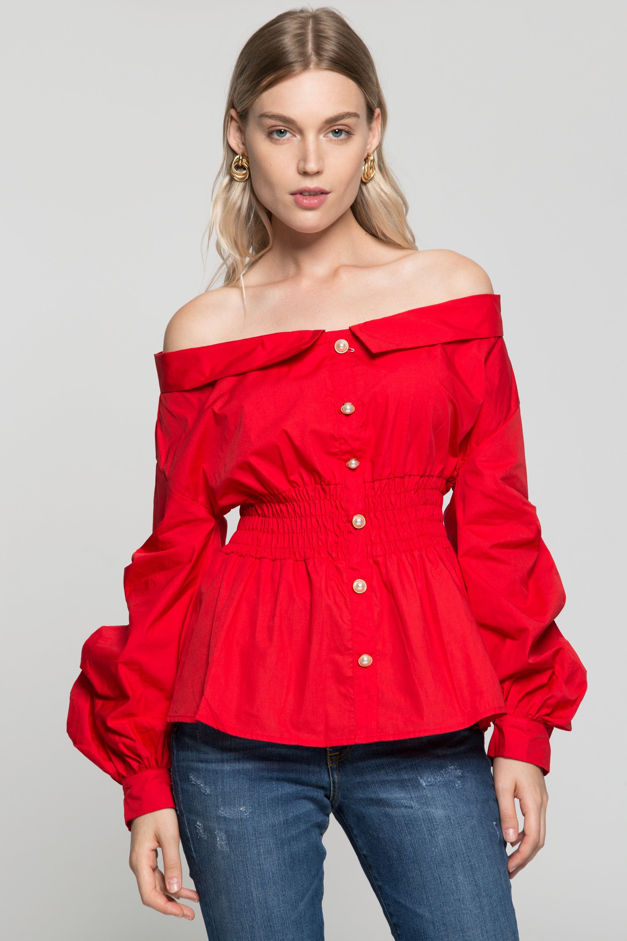 Red Off The Shoulder Smocked Waist Button Up Top - ownthelooks-Development