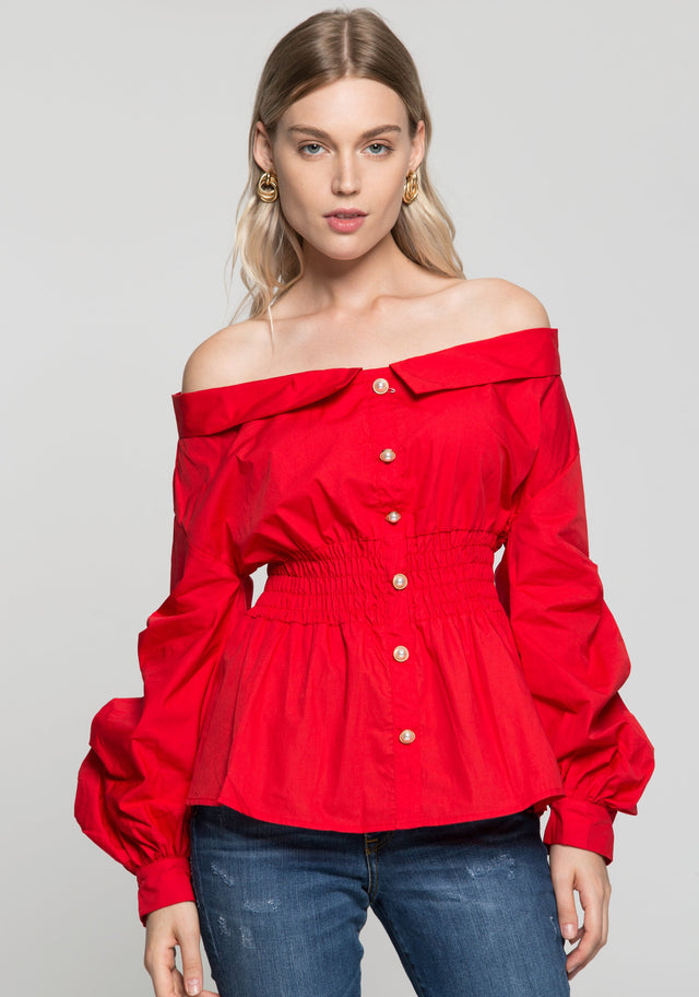 Red Off The Shoulder Smocked Waist Button Up Top - ownthelooks-Development