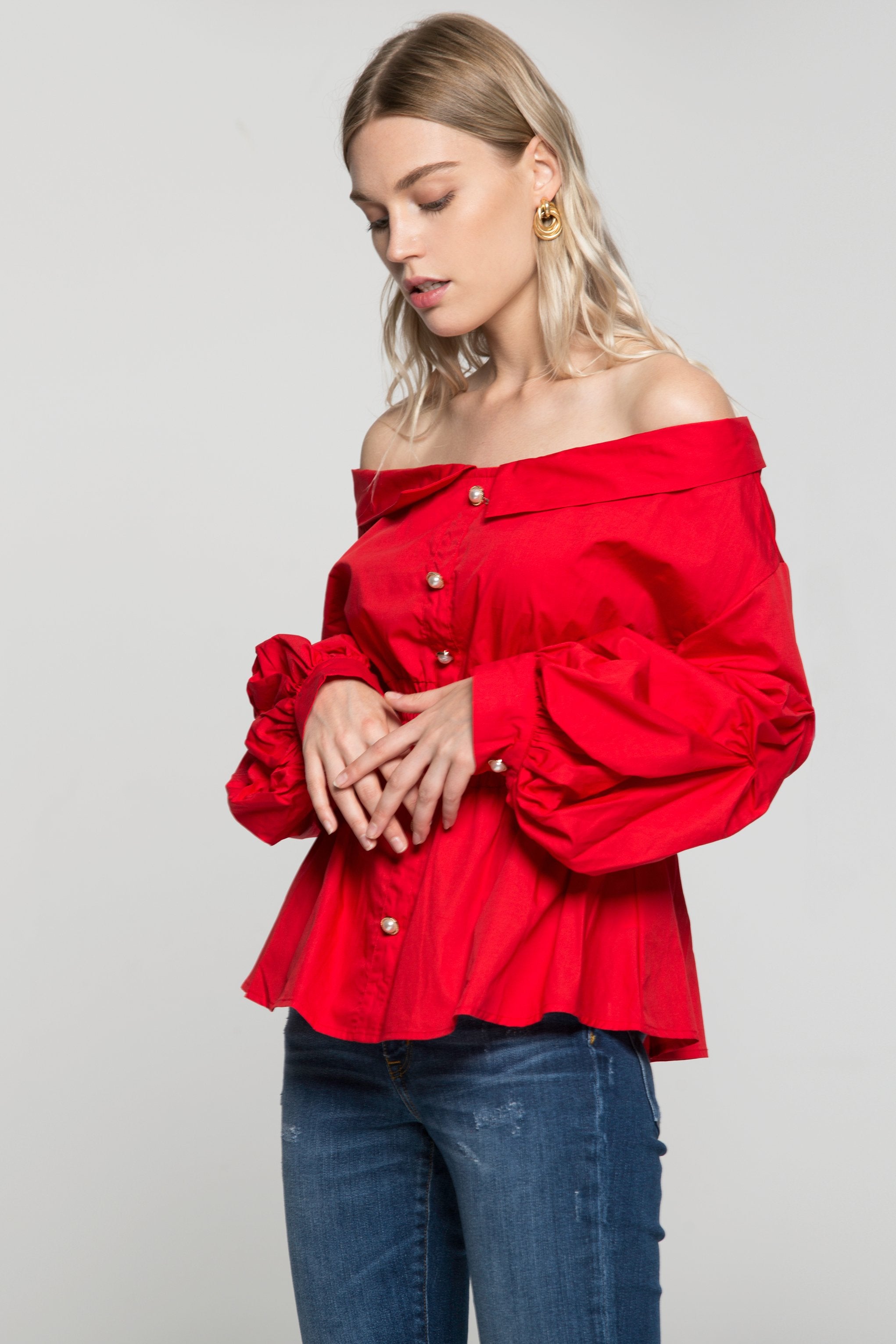 Red Off The Shoulder Smocked Waist Button Up Top - ownthelooks-Development