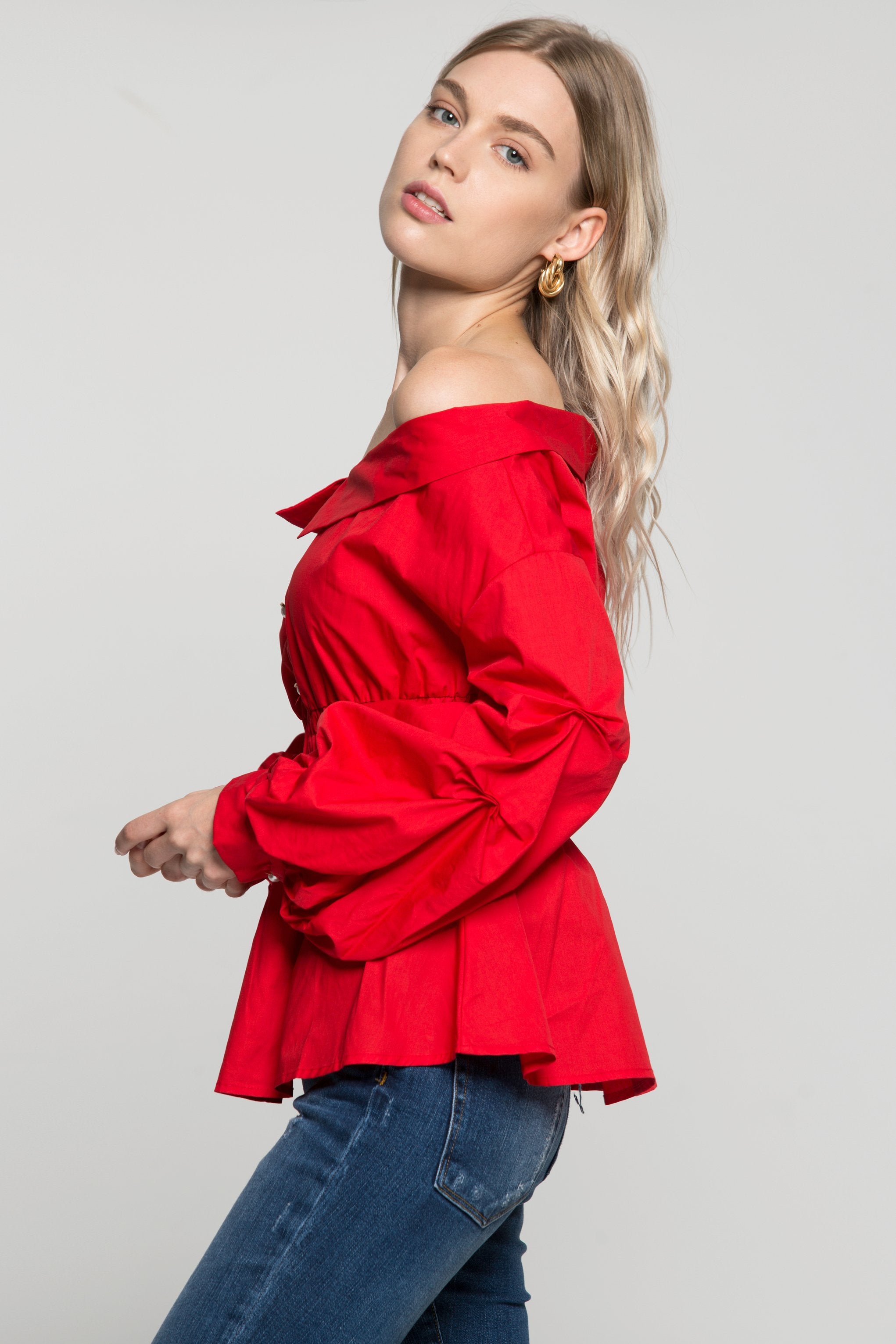 Red Off The Shoulder Smocked Waist Button Up Top - ownthelooks-Development