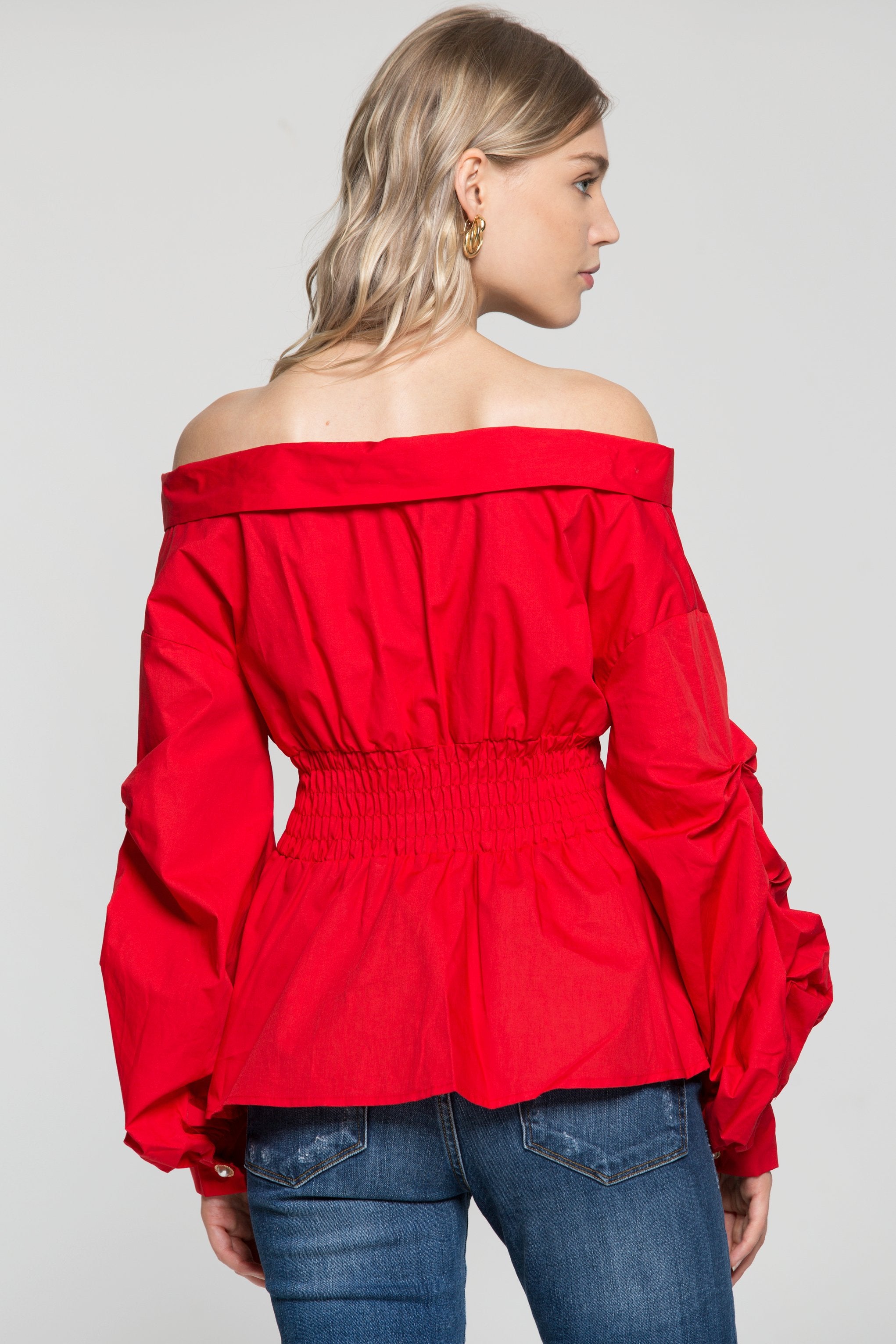 Red Off The Shoulder Smocked Waist Button Up Top - ownthelooks-Development