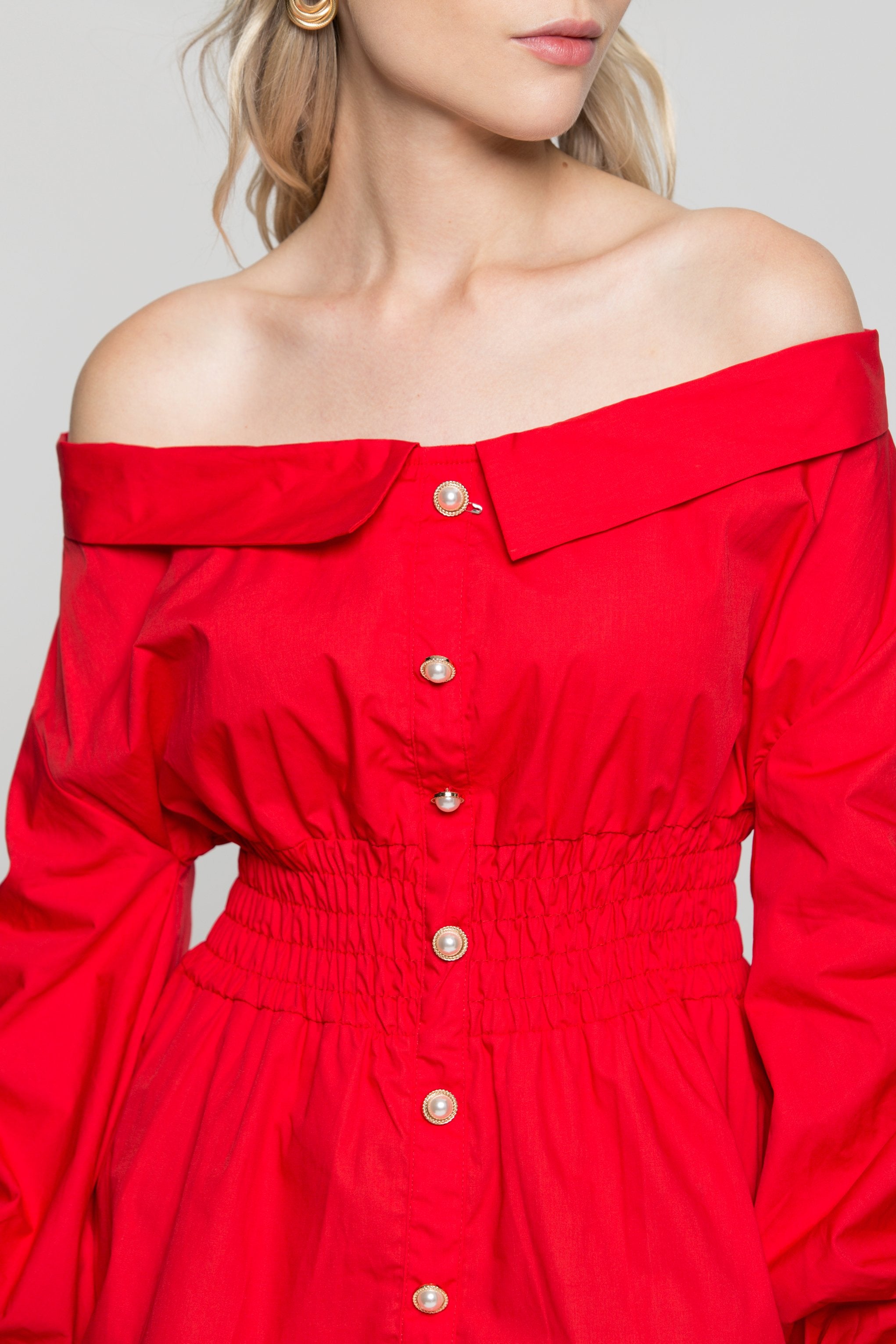 Red Off The Shoulder Smocked Waist Button Up Top - ownthelooks-Development
