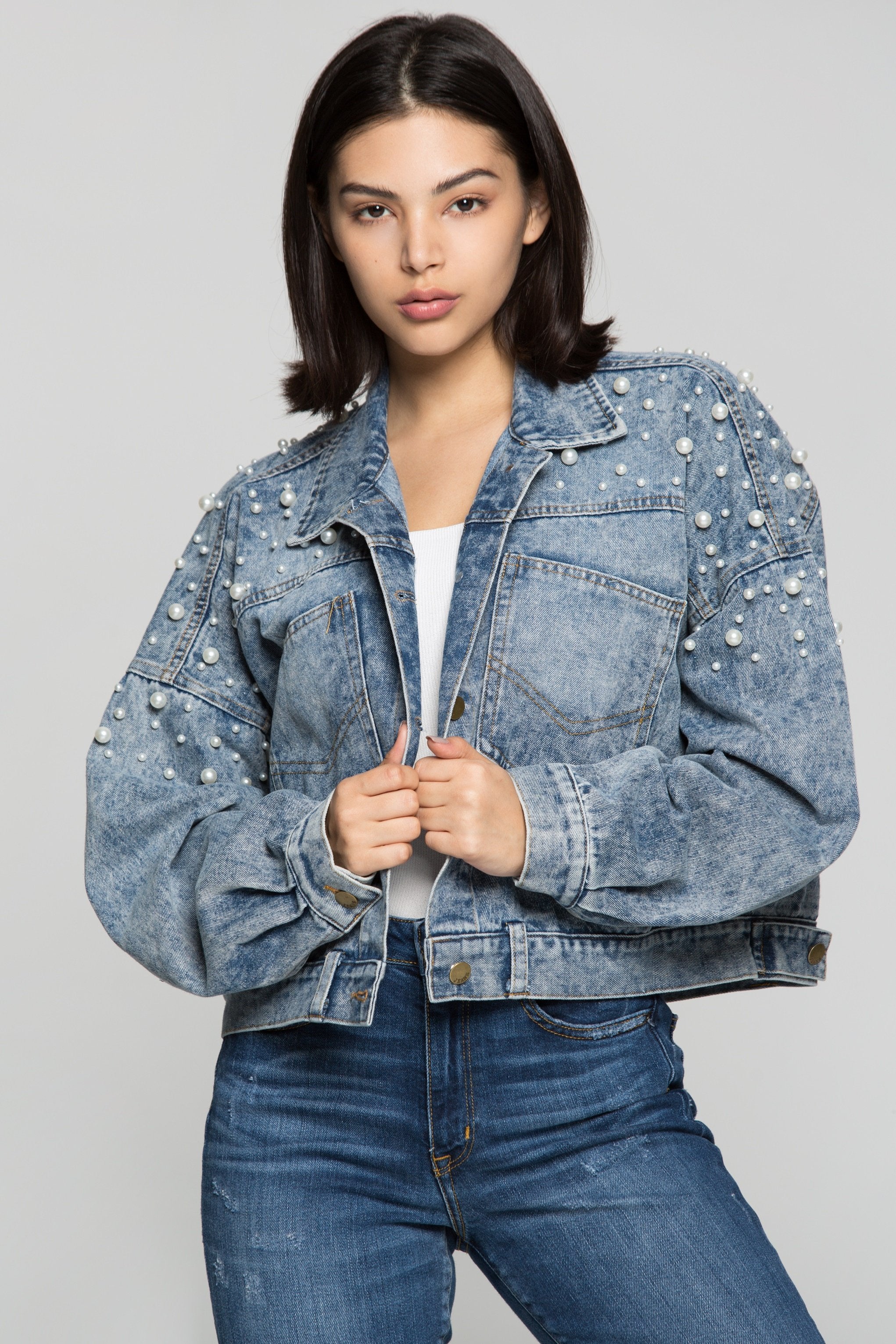 True Blue Pearl Studded Denim Jacket - ownthelooks-Development