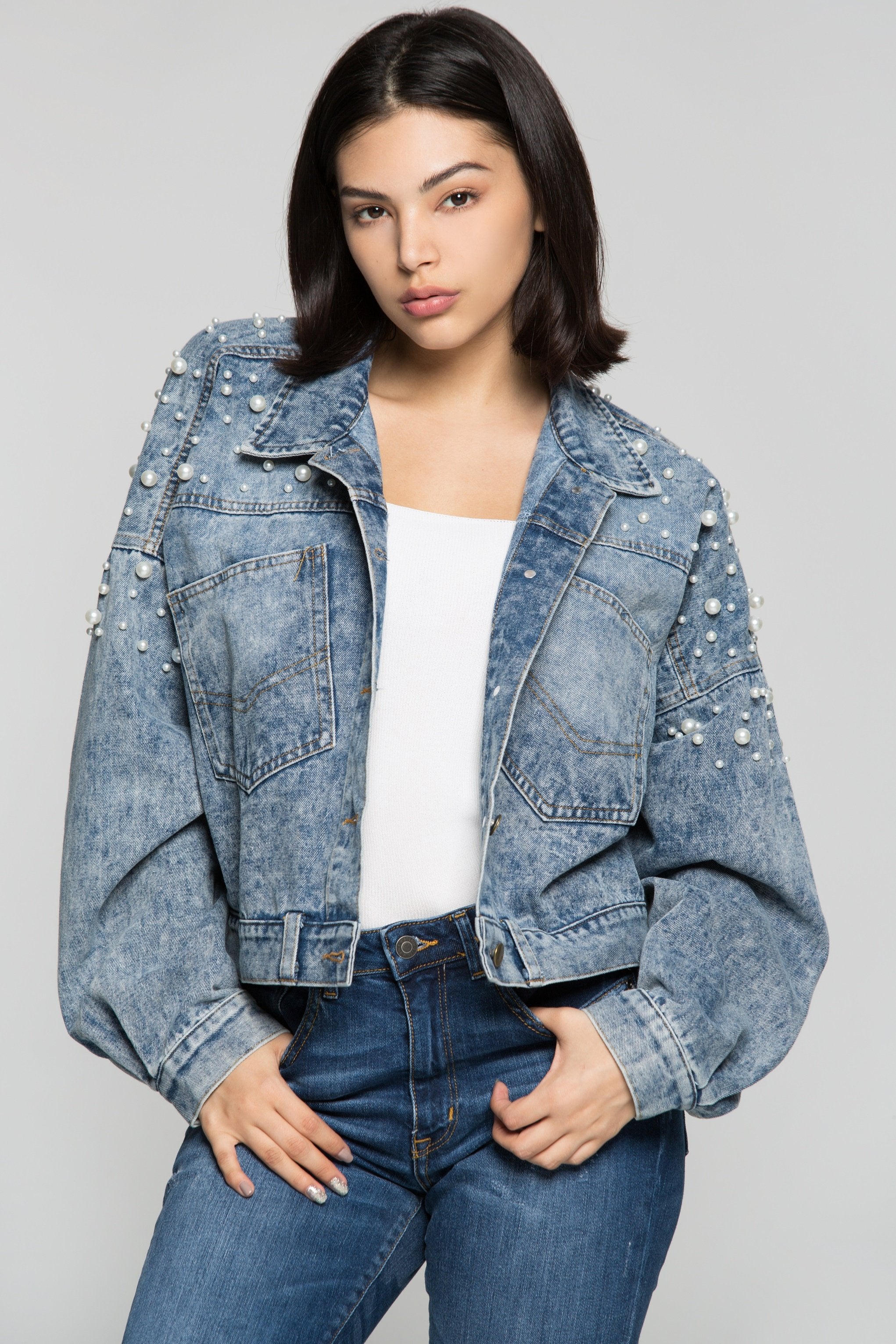 True Blue Pearl Studded Denim Jacket - ownthelooks-Development