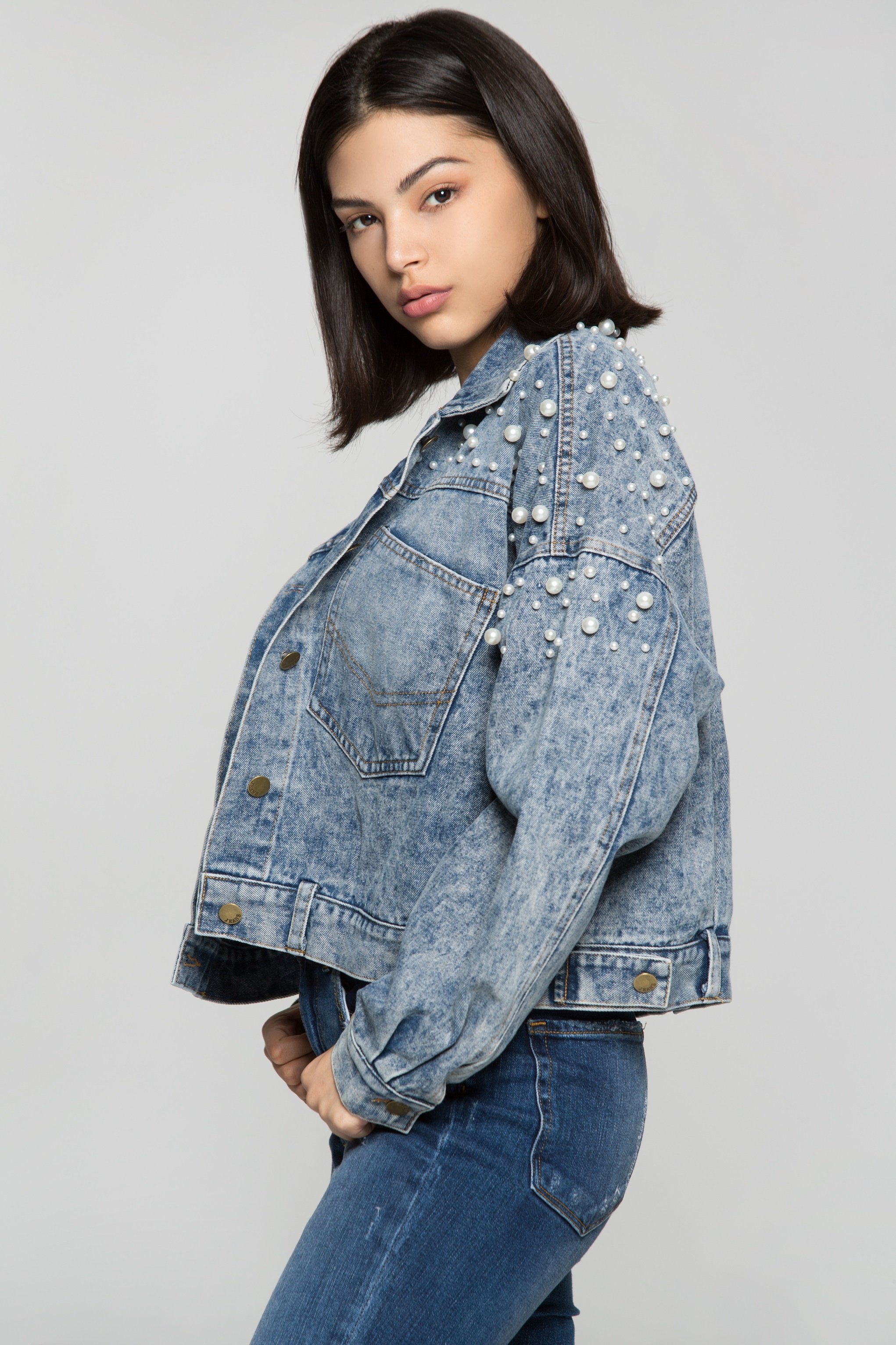 True Blue Pearl Studded Denim Jacket - ownthelooks-Development