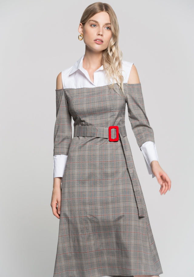 White Cold Shoulder With Grey Glen Check Print Midi Dress - ownthelooks-Development