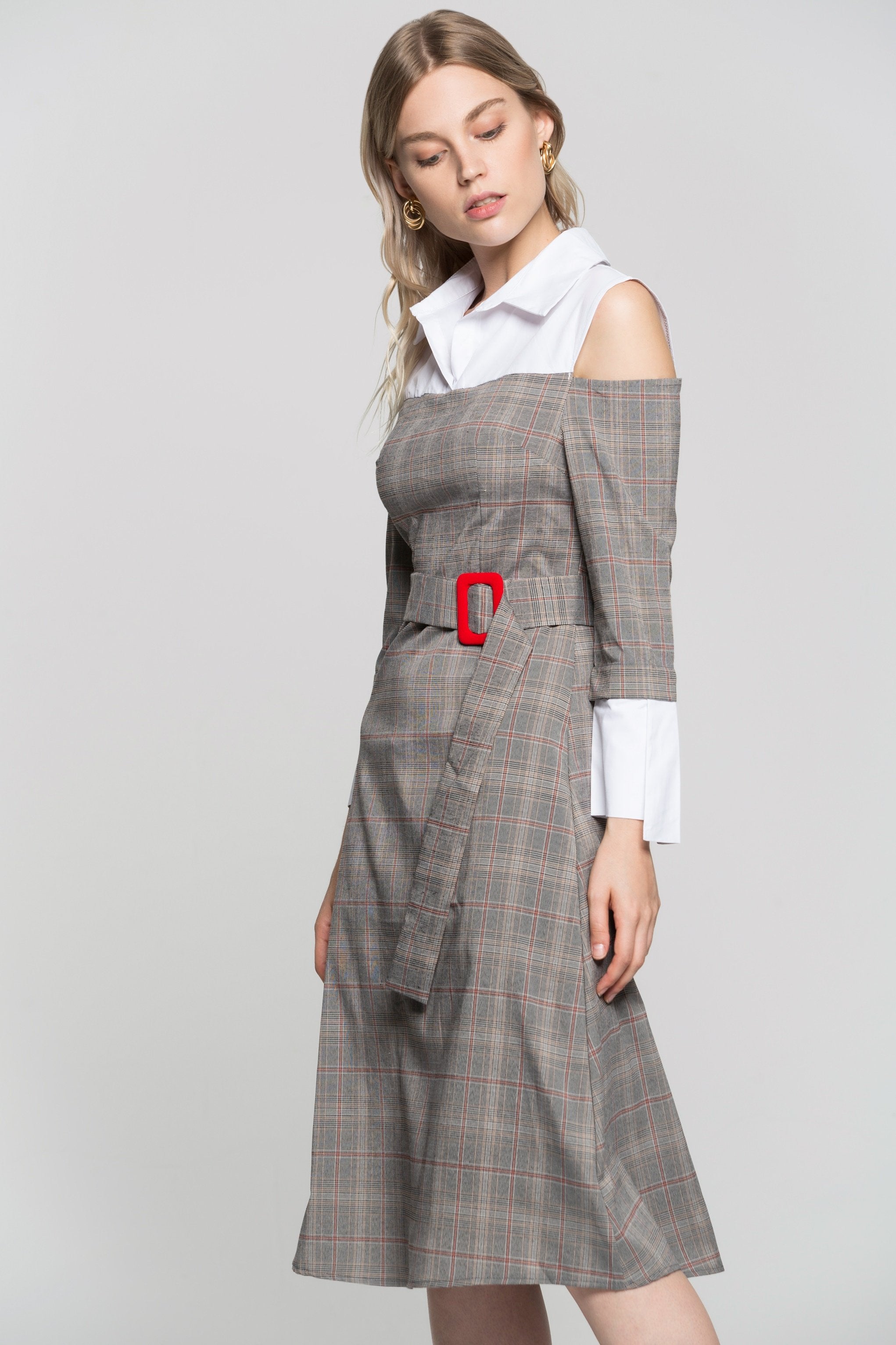 White Cold Shoulder With Grey Glen Check Print Midi Dress - ownthelooks-Development