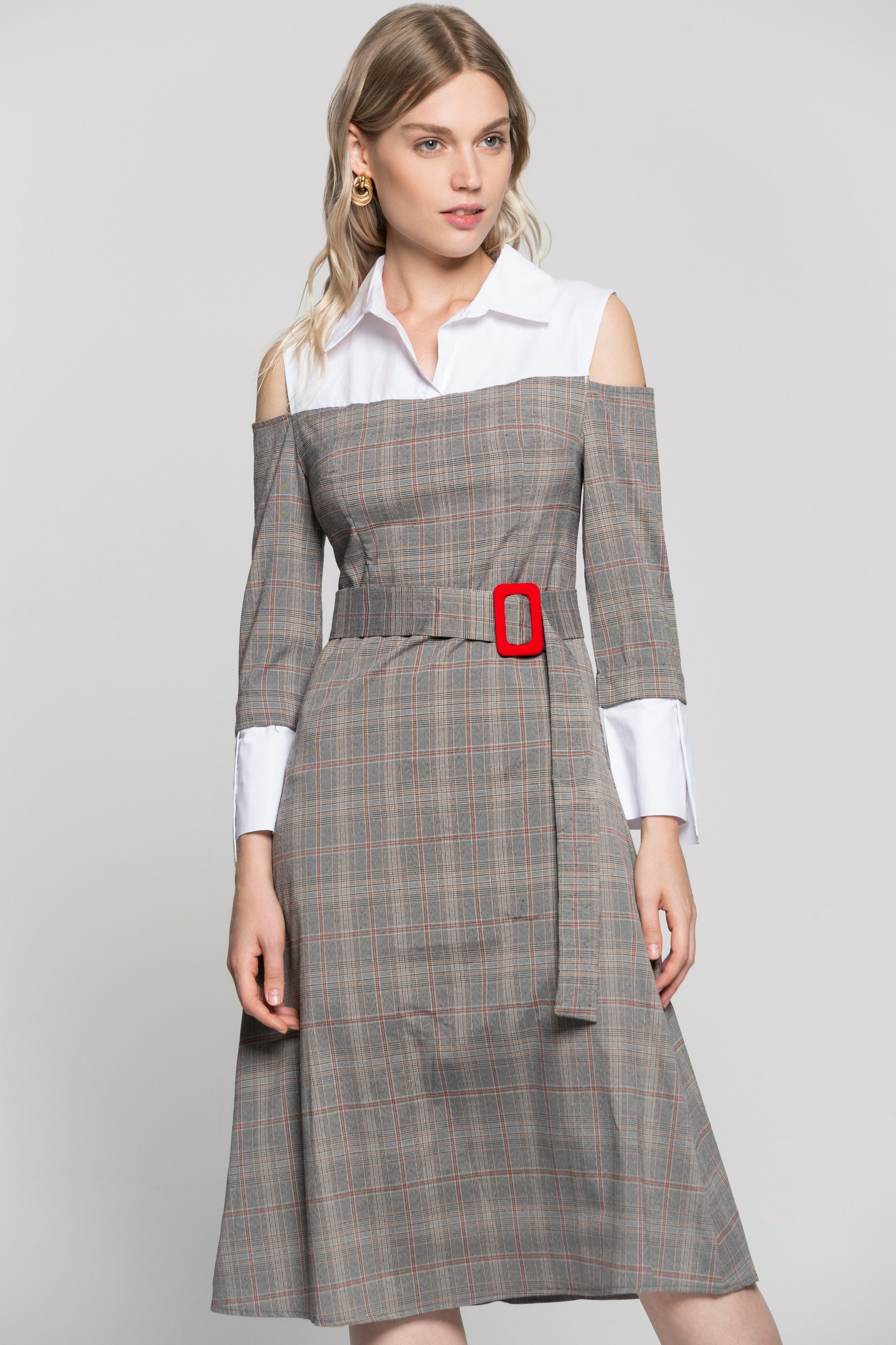 White Cold Shoulder With Grey Glen Check Print Midi Dress - ownthelooks-Development