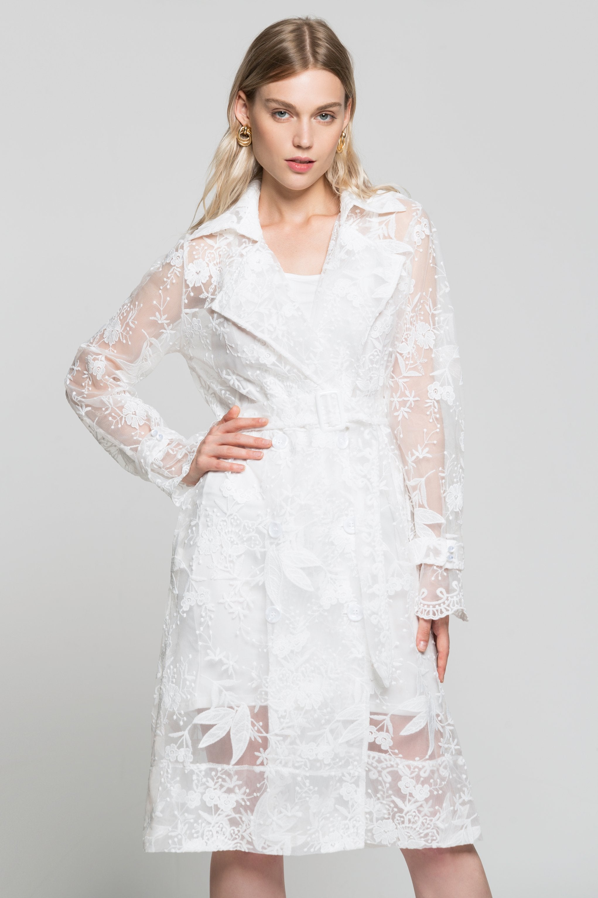 White Floral Sheer Notched Collar Dress with Buckle Belt - ownthelooks-Development