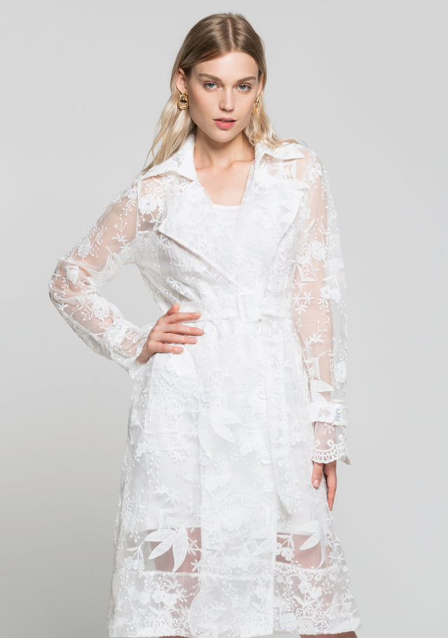 White Floral Sheer Notched Collar Dress with Buckle Belt - ownthelooks-Development