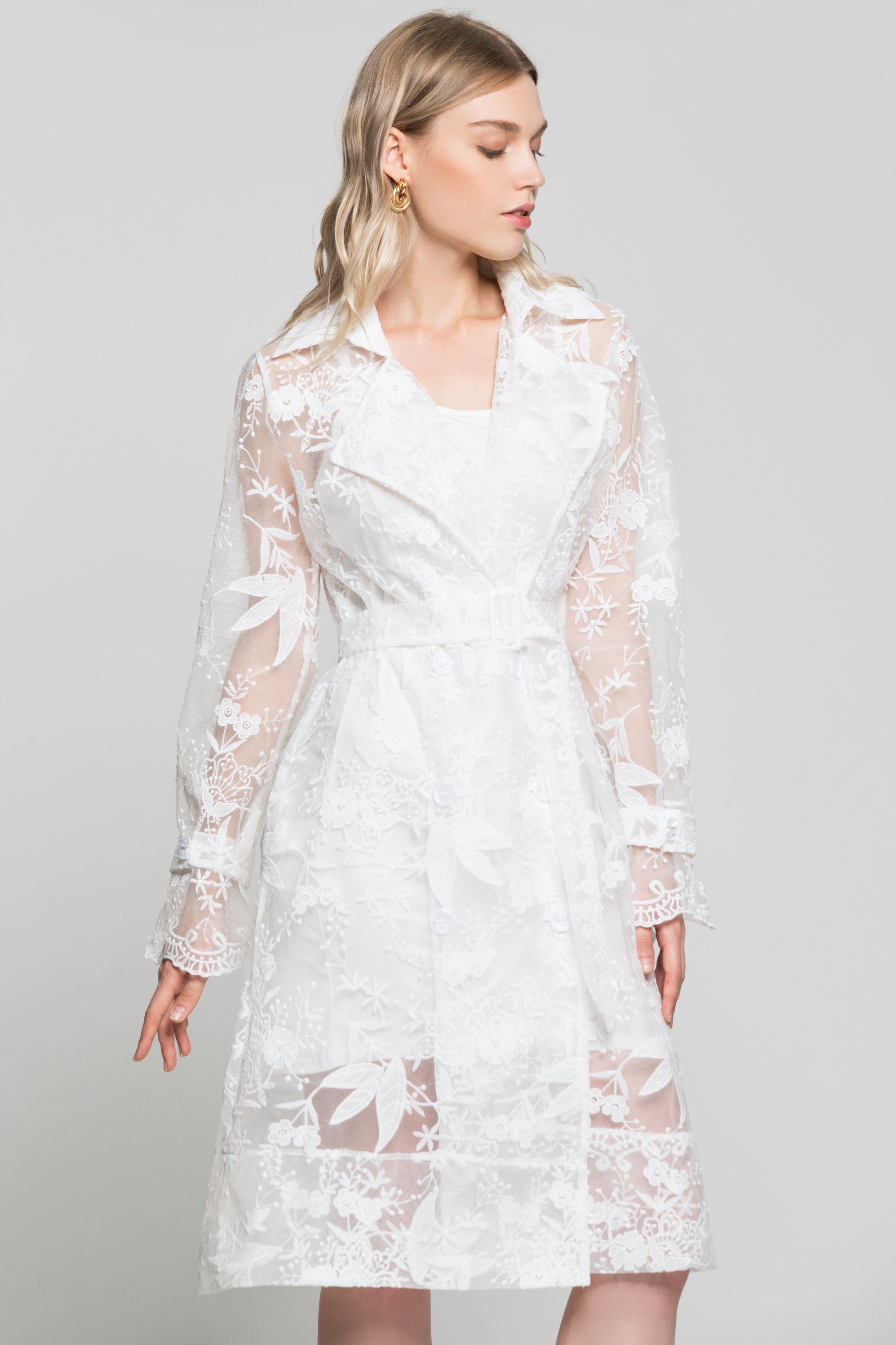 White Floral Sheer Notched Collar Dress with Buckle Belt - ownthelooks-Development
