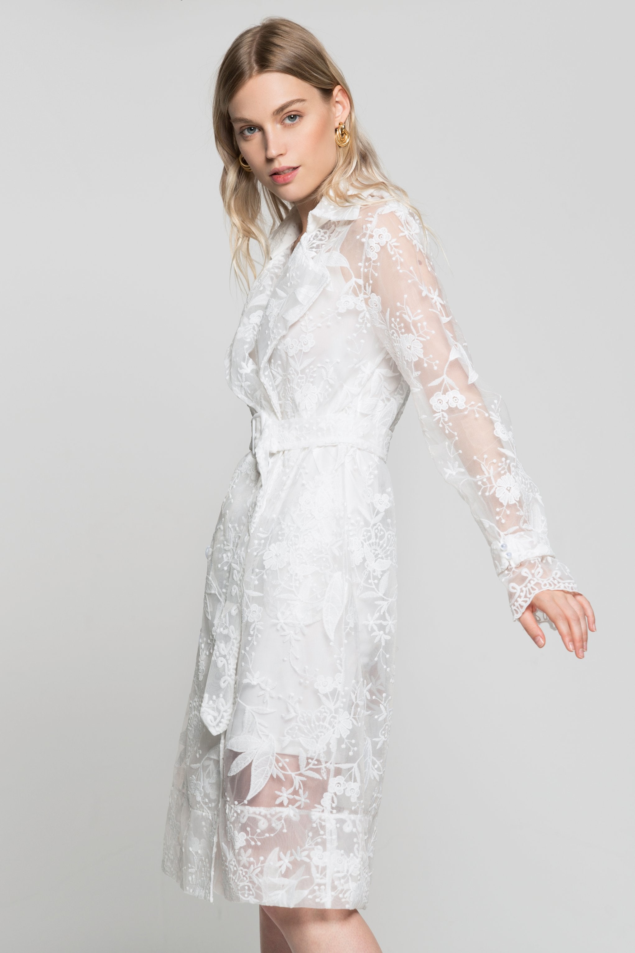 White Floral Sheer Notched Collar Dress with Buckle Belt - ownthelooks-Development