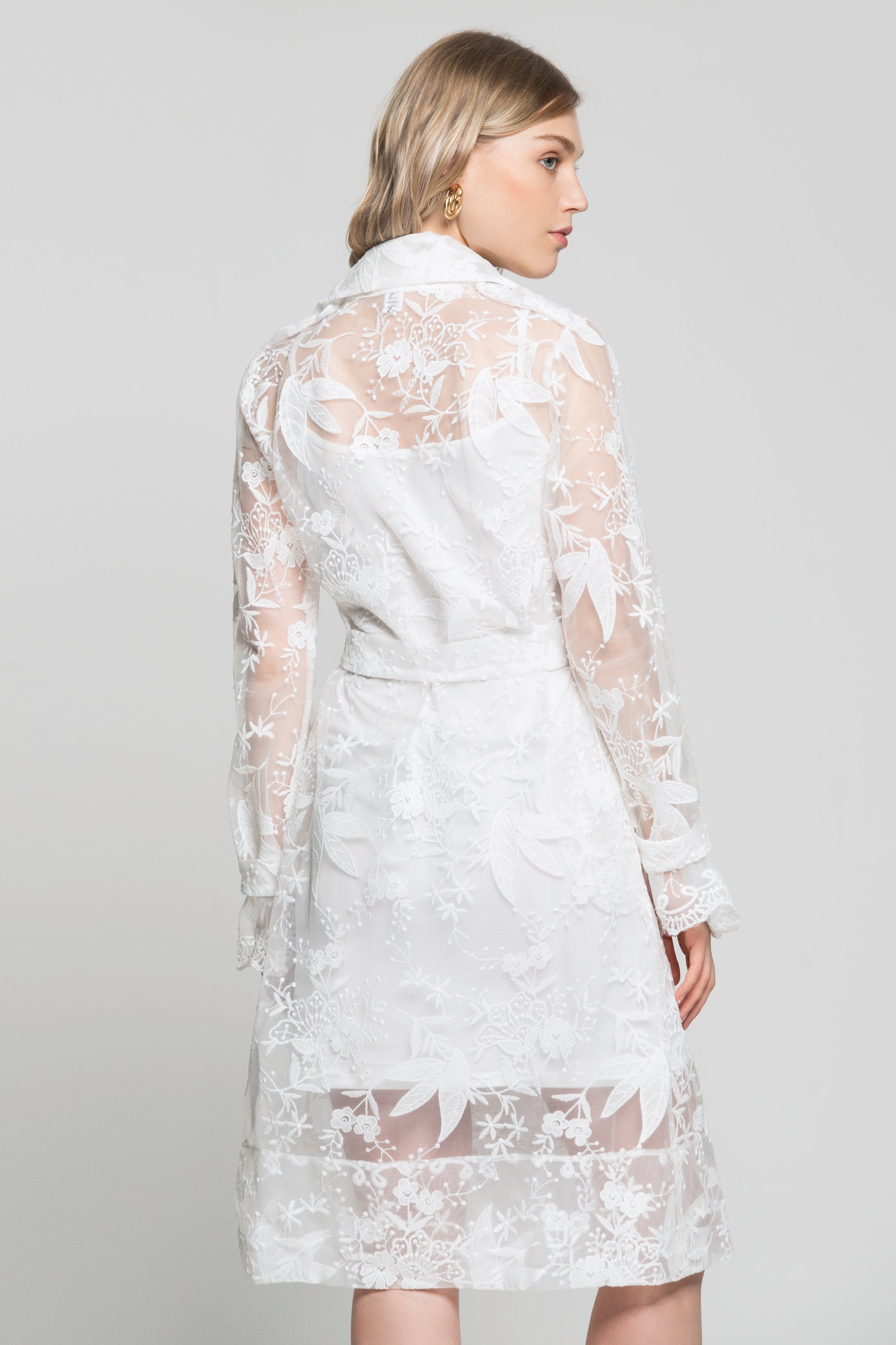 White Floral Sheer Notched Collar Dress with Buckle Belt - ownthelooks-Development