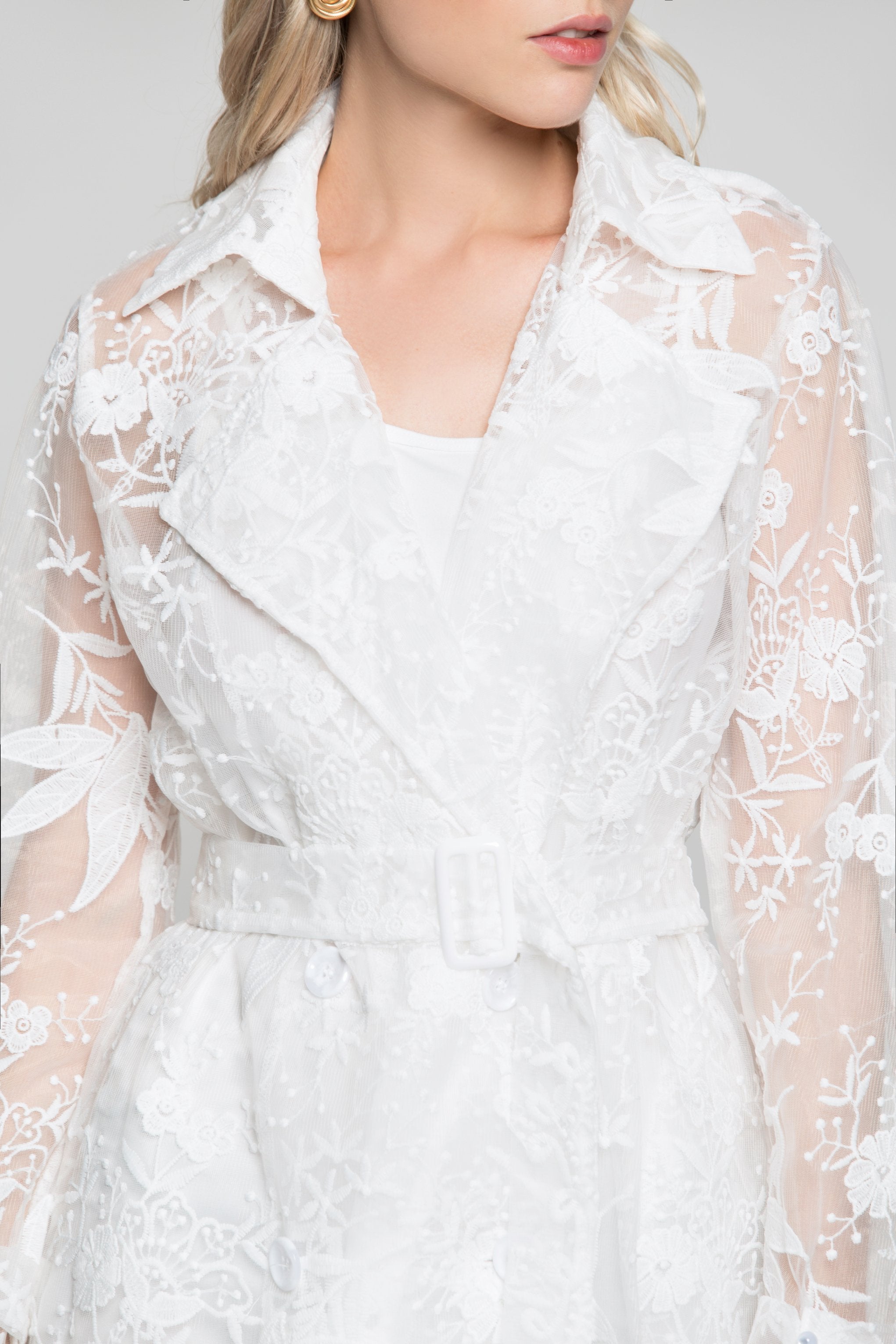 White Floral Sheer Notched Collar Dress with Buckle Belt - ownthelooks-Development