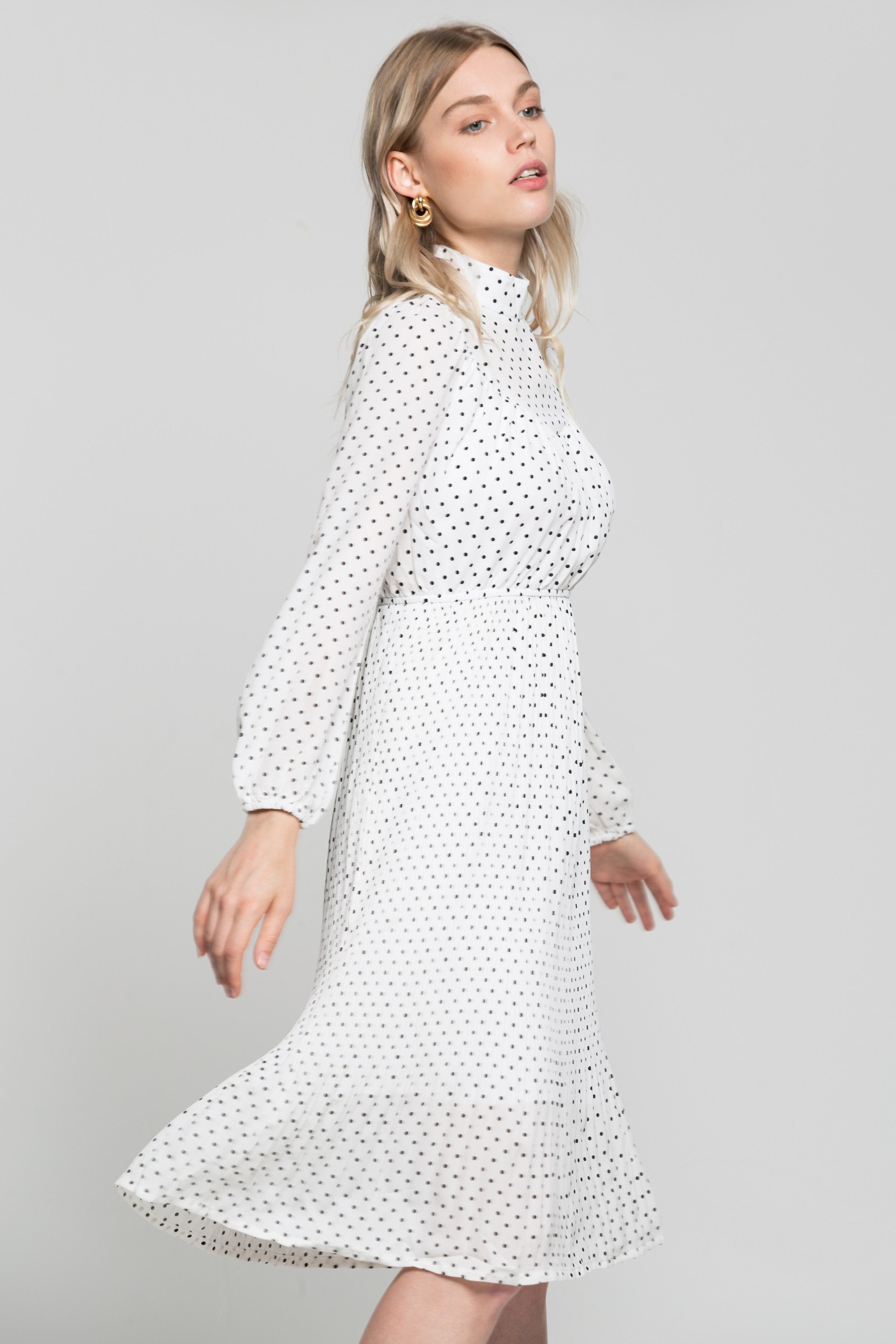 White Ruffle Sleeves Black Polka Dot Dress - ownthelooks-Development