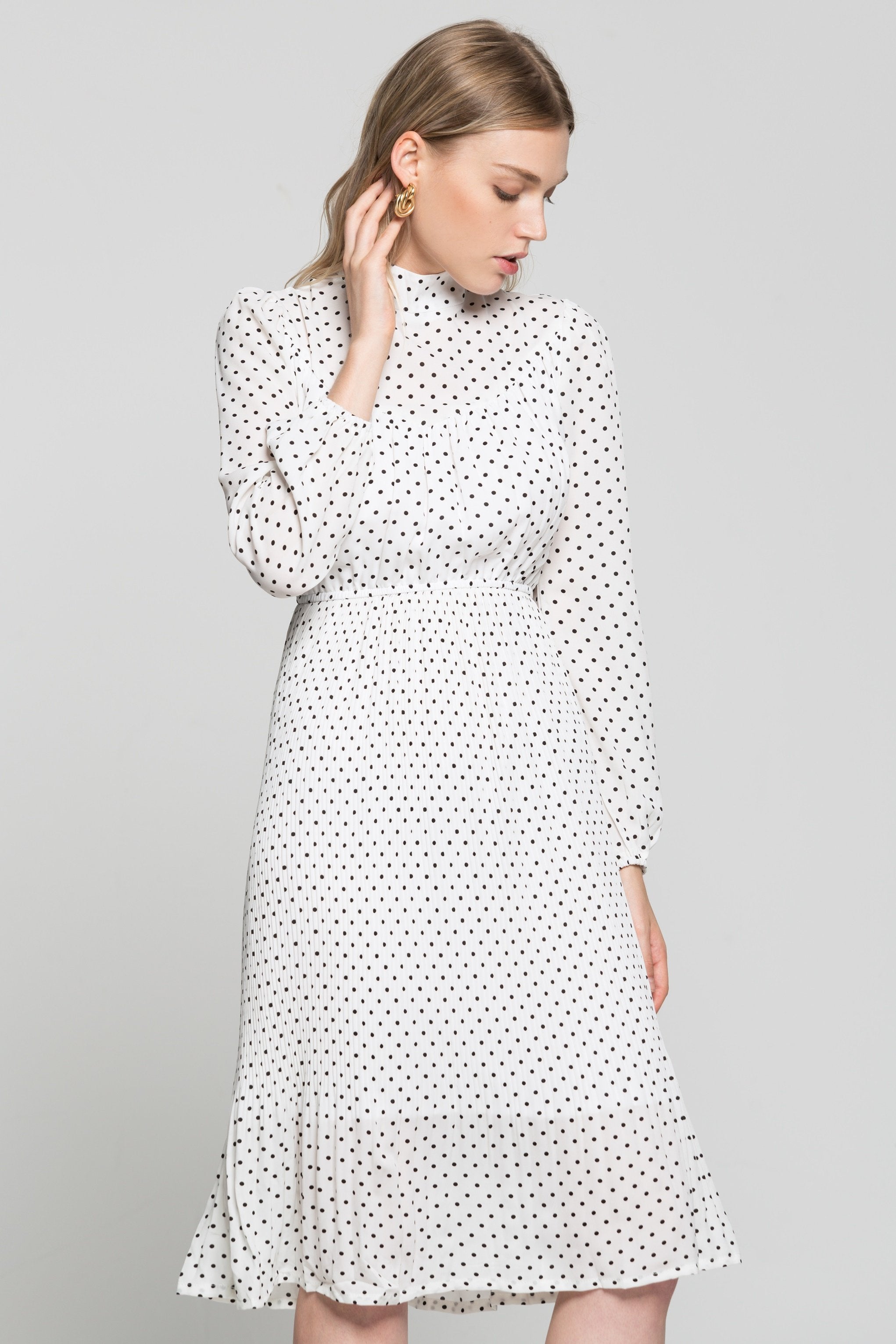 White Ruffle Sleeves Black Polka Dot Dress - ownthelooks-Development