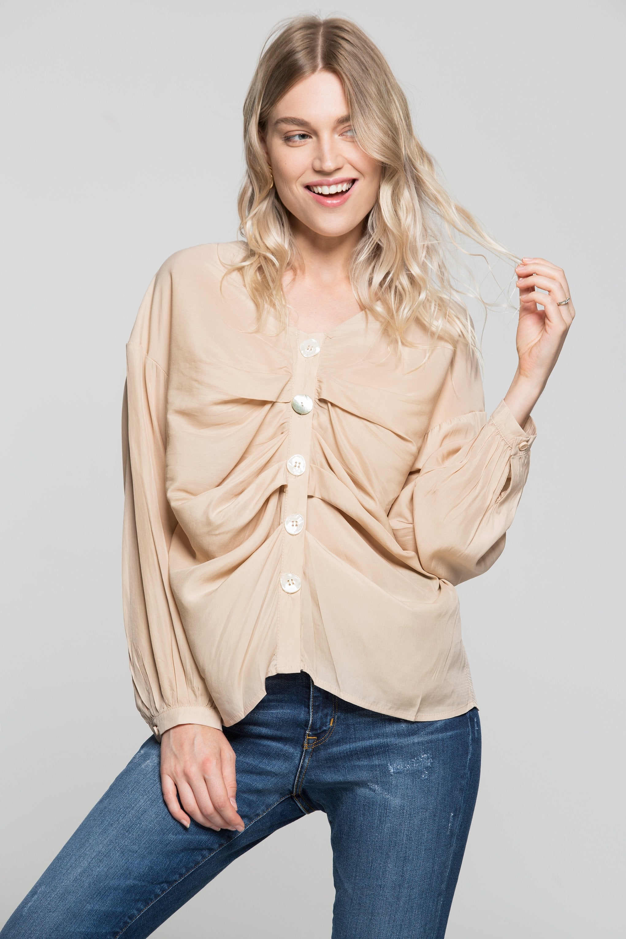 Beige Cinched Button Up Shirt - ownthelooks-Development