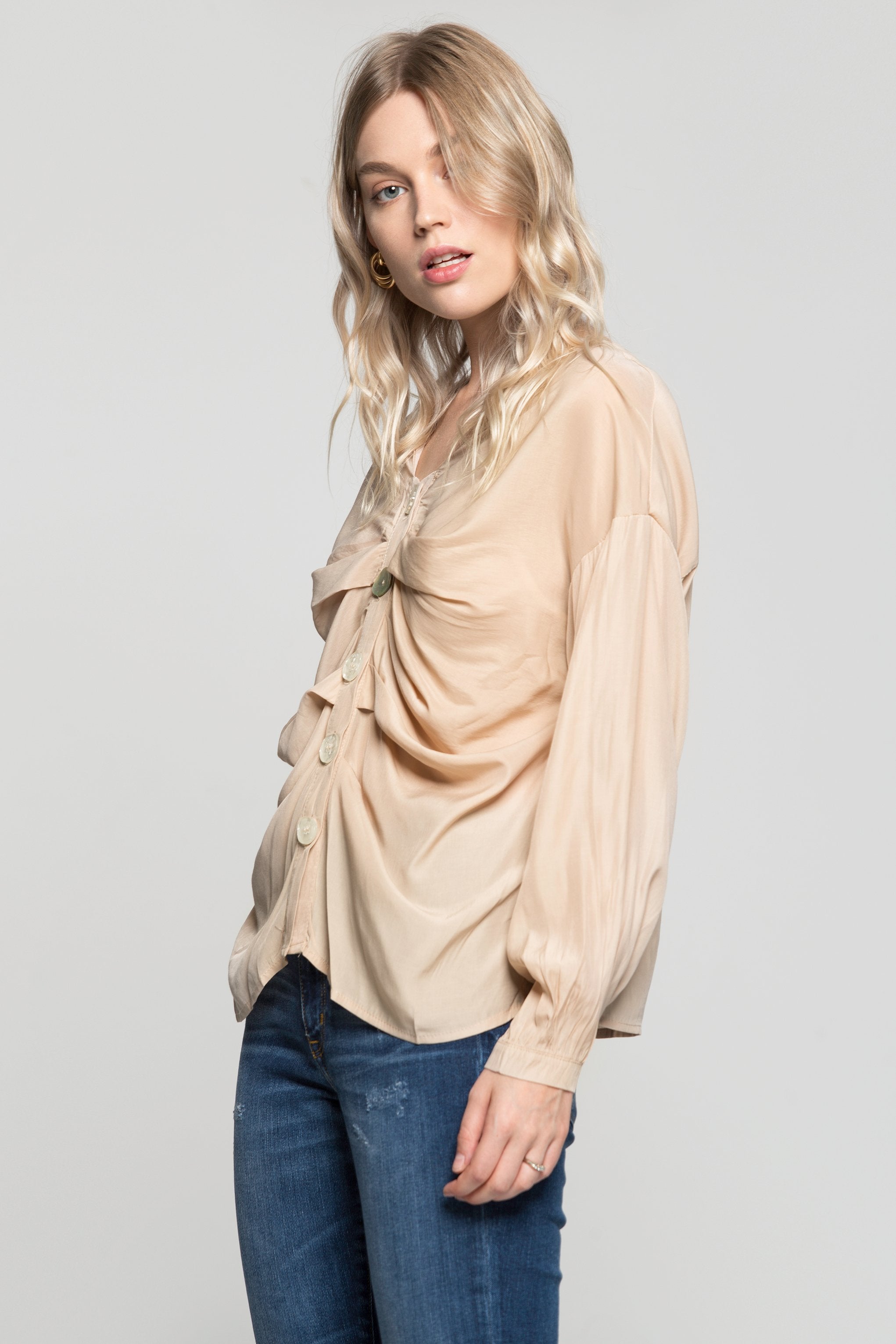 Beige Cinched Button Up Shirt - ownthelooks-Development