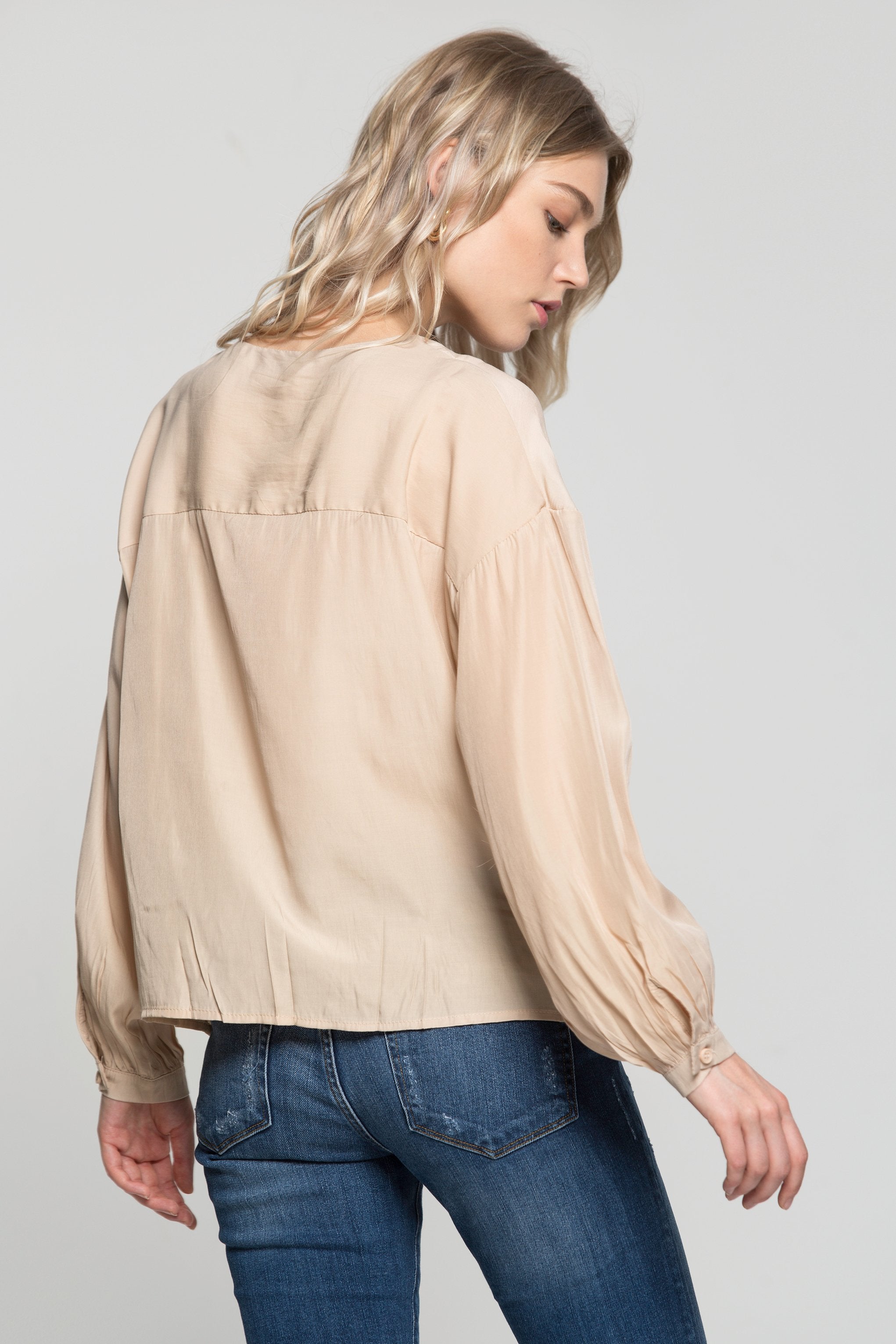 Beige Cinched Button Up Shirt - ownthelooks-Development