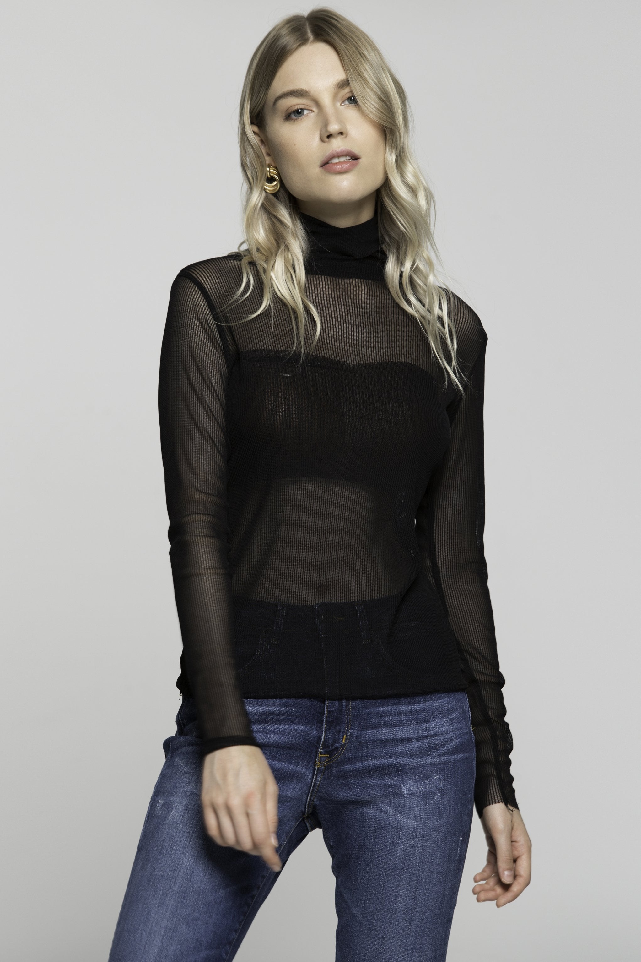 Black Sheer Turtle Neck Ribbed Top - ownthelooks-Development