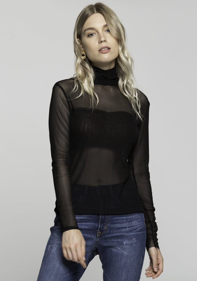 Black Sheer Turtle Neck Ribbed Top - ownthelooks-Development
