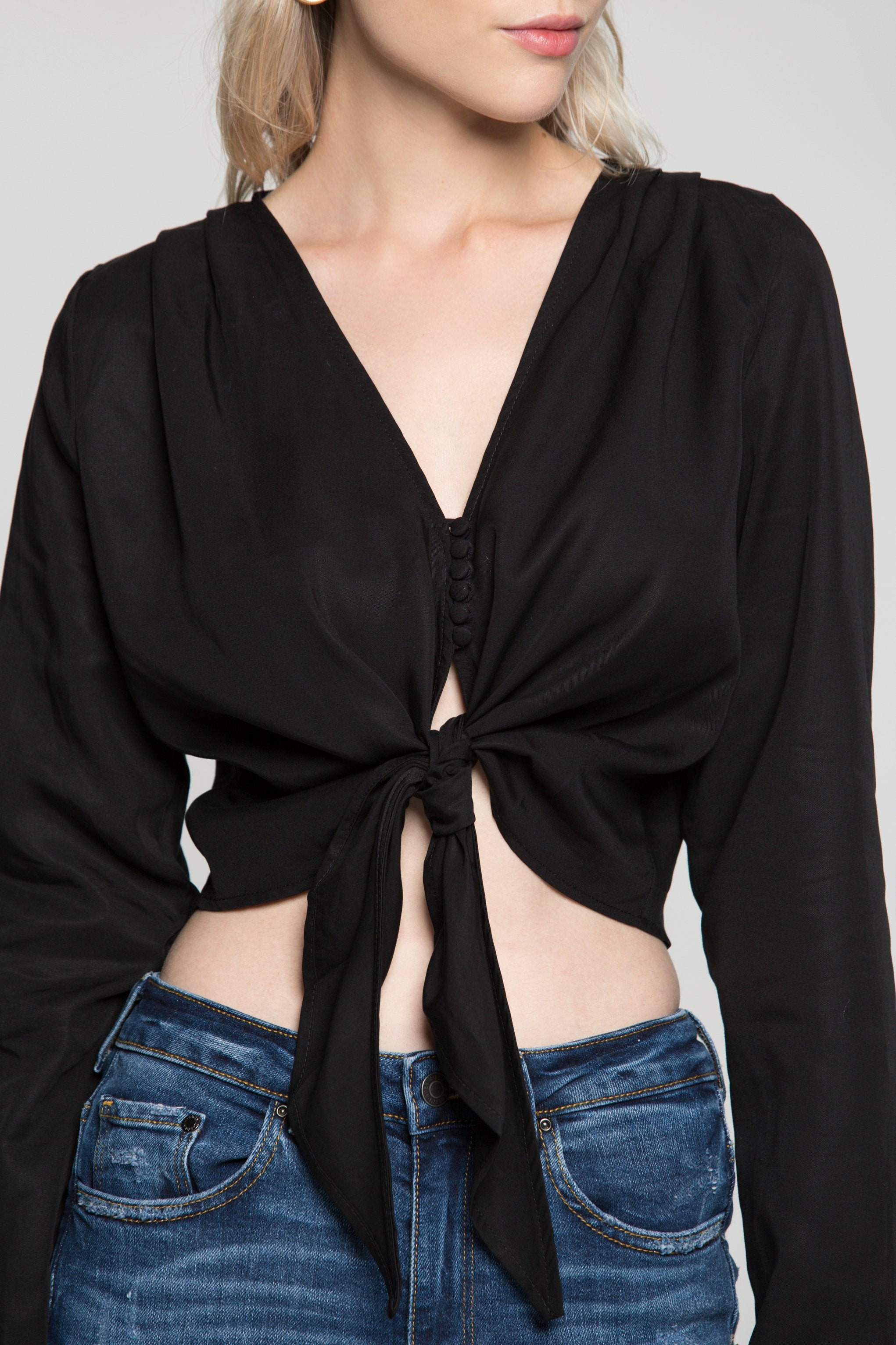 Black Solid Tie Up Knot Crop Top - ownthelooks-Development