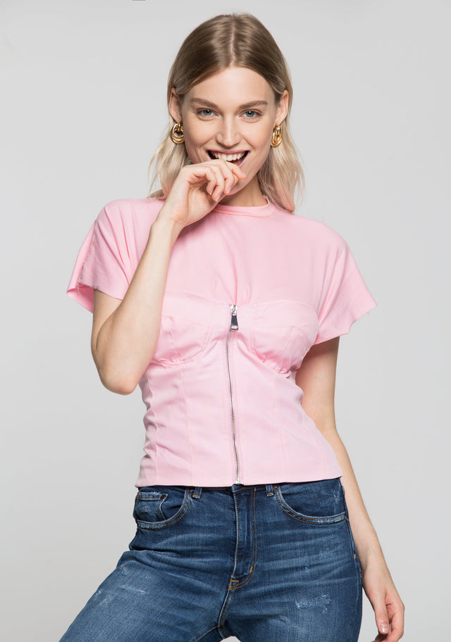 Bubblegum Pink Zip Up Sweetheart Neck Over T-Shirt Top - ownthelooks-Development