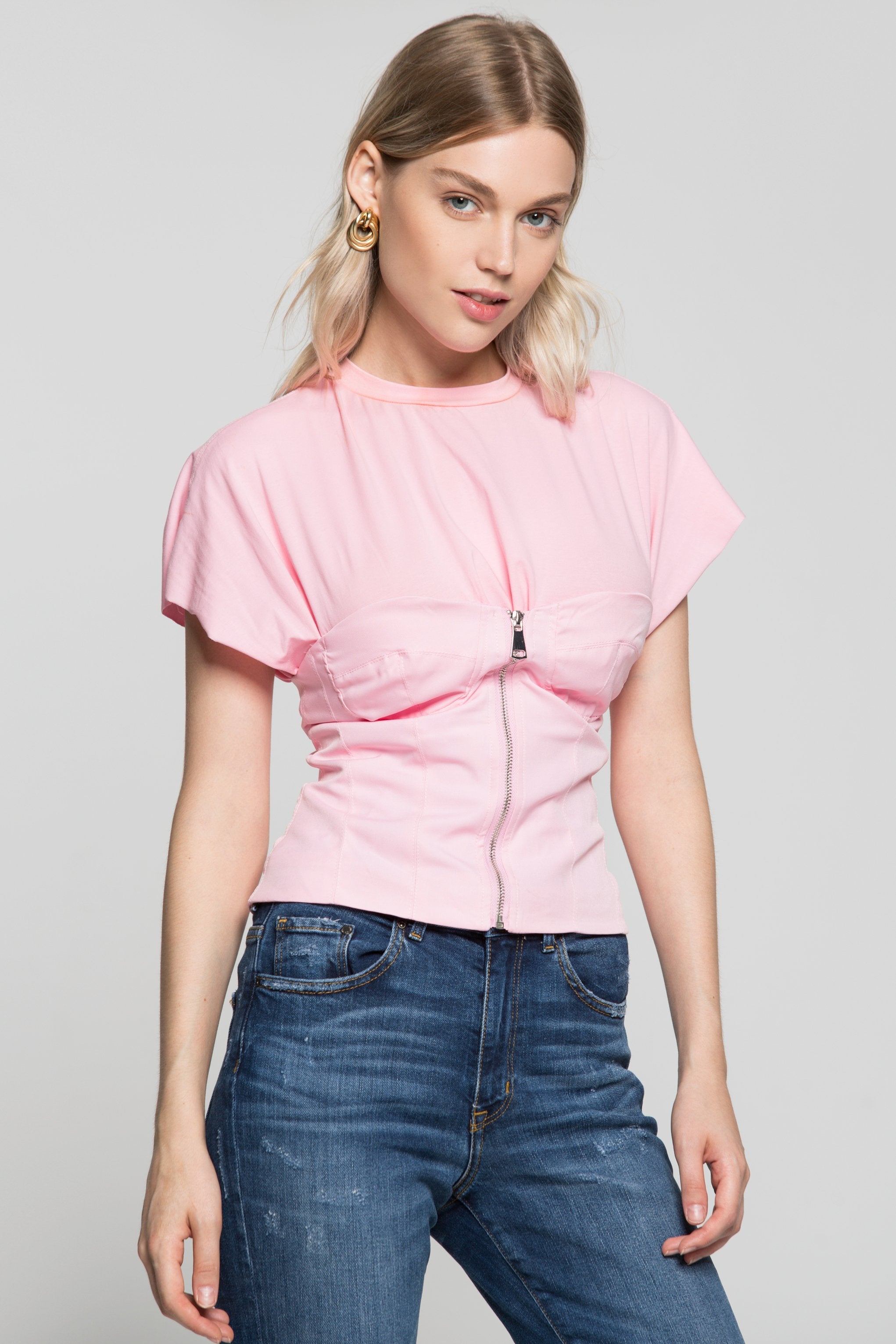 Bubblegum Pink Zip Up Sweetheart Neck Over T-Shirt Top - ownthelooks-Development