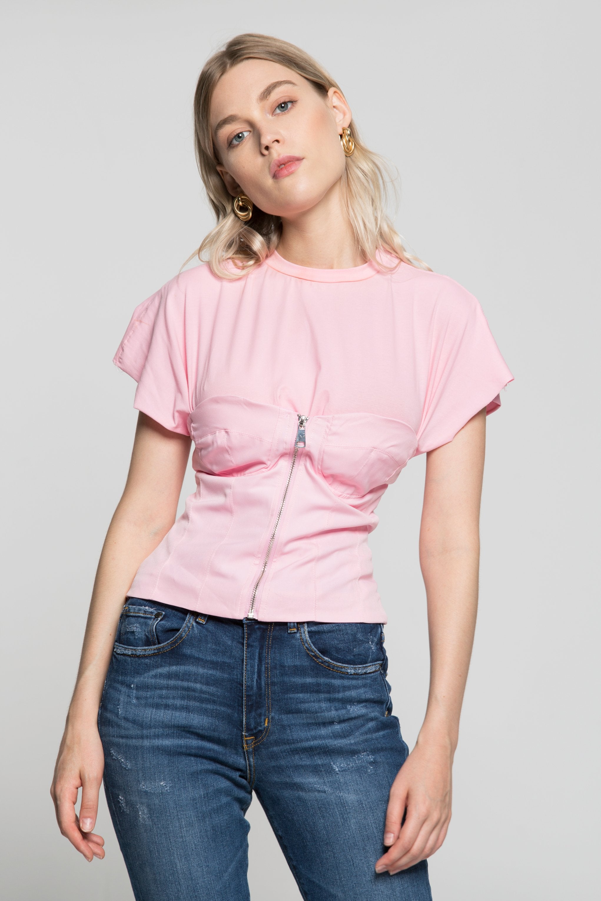 Bubblegum Pink Zip Up Sweetheart Neck Over T-Shirt Top - ownthelooks-Development