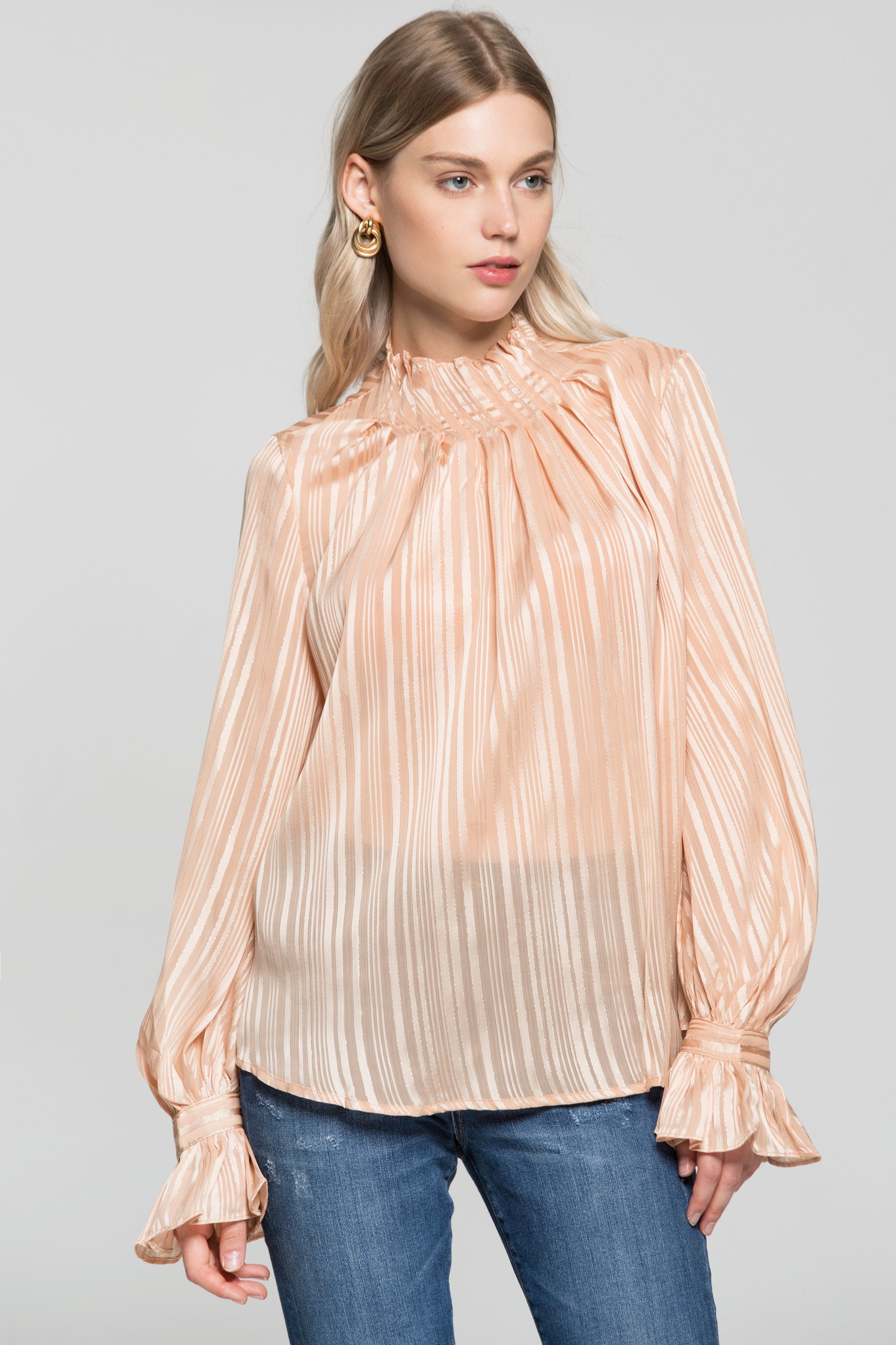 Cream Gold Iridescent Striped Flounced Sleeves and Neck Top - ownthelooks-Development
