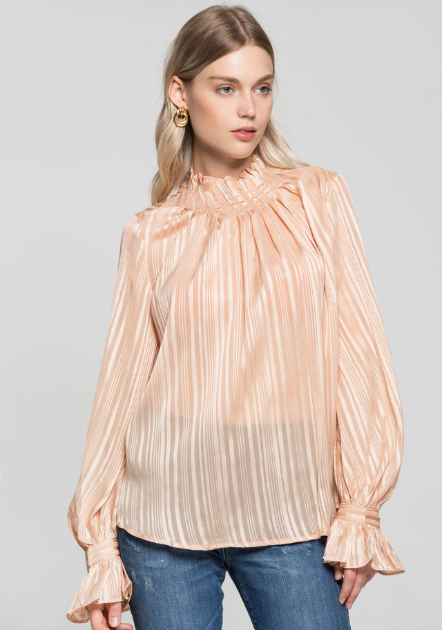 Cream Gold Iridescent Striped Flounced Sleeves and Neck Top - ownthelooks-Development