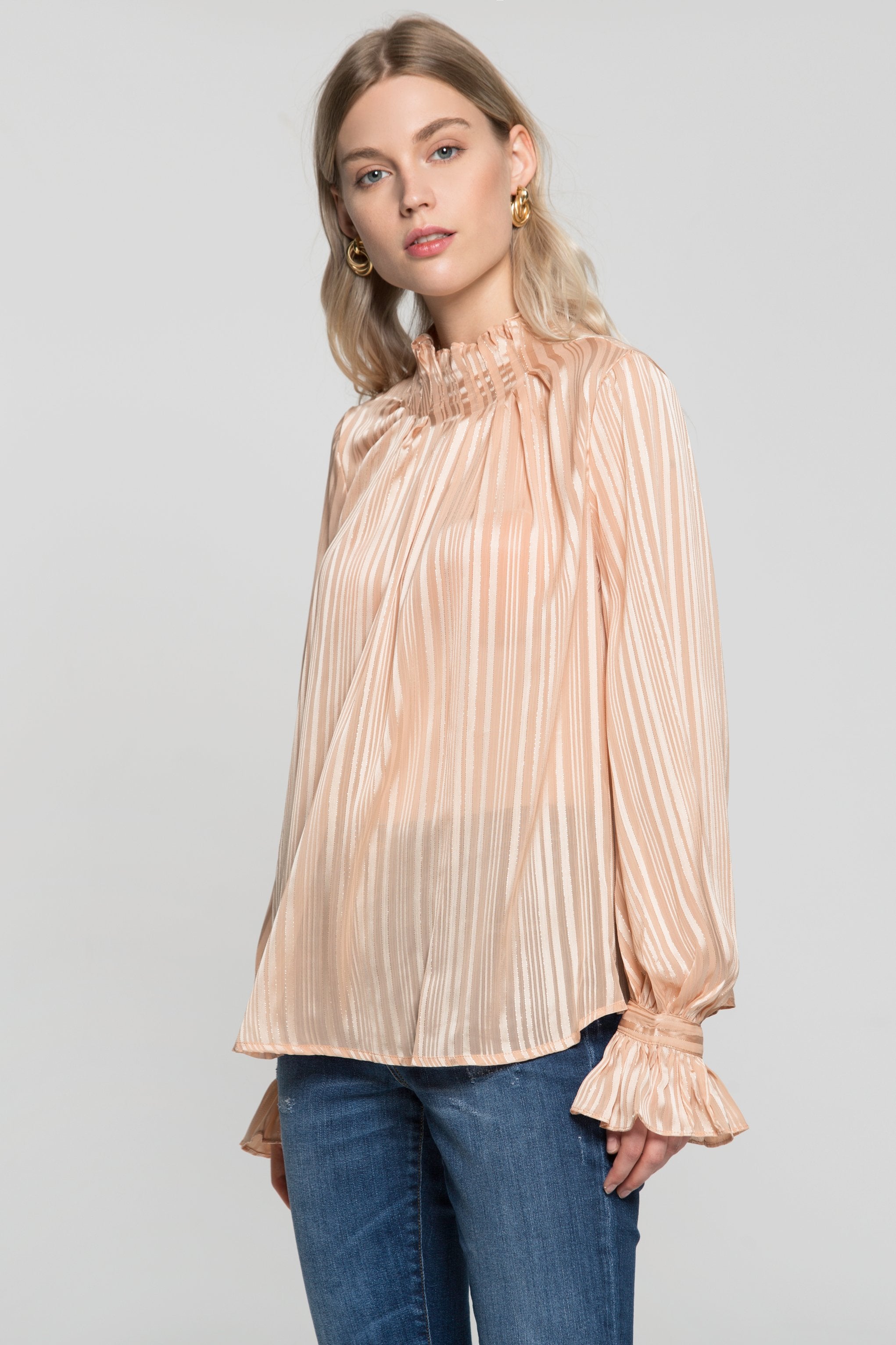Cream Gold Iridescent Striped Flounced Sleeves and Neck Top - ownthelooks-Development