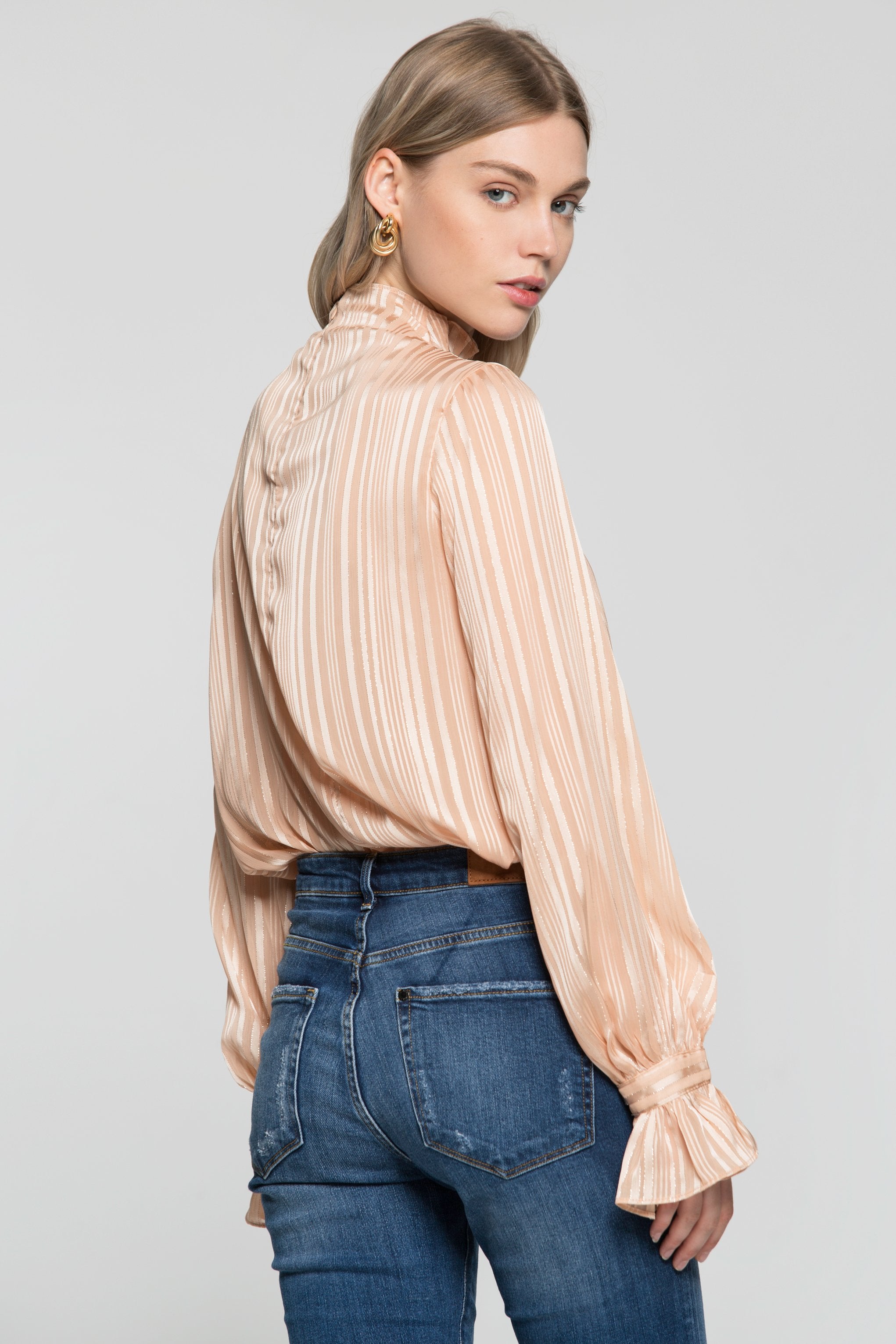 Cream Gold Iridescent Striped Flounced Sleeves and Neck Top - ownthelooks-Development