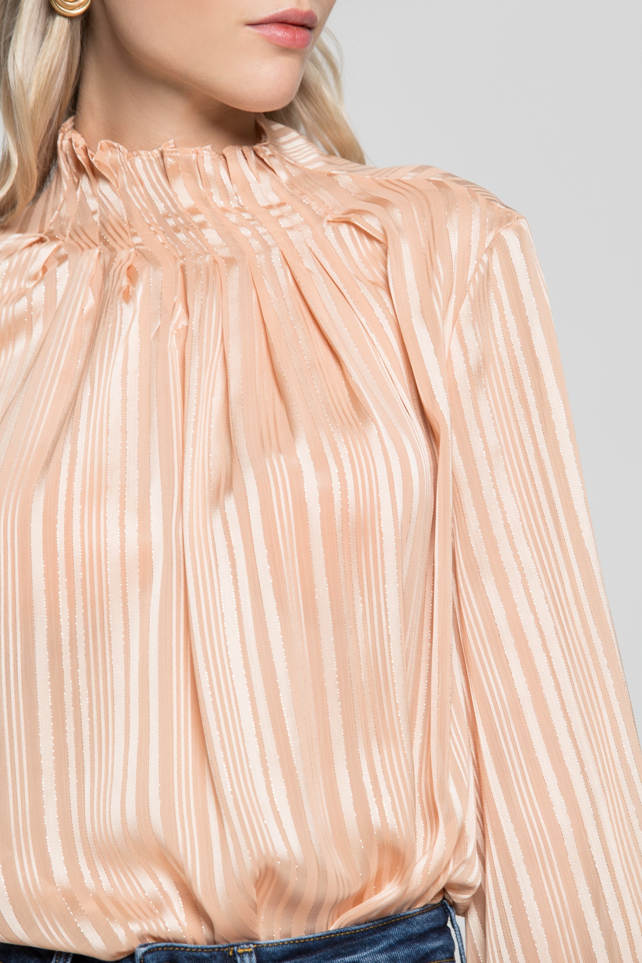 Cream Gold Iridescent Striped Flounced Sleeves and Neck Top - ownthelooks-Development