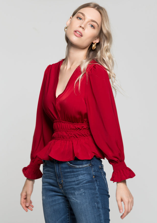 Crimson Red Smocked Waist Peplum Top - ownthelooks-Development