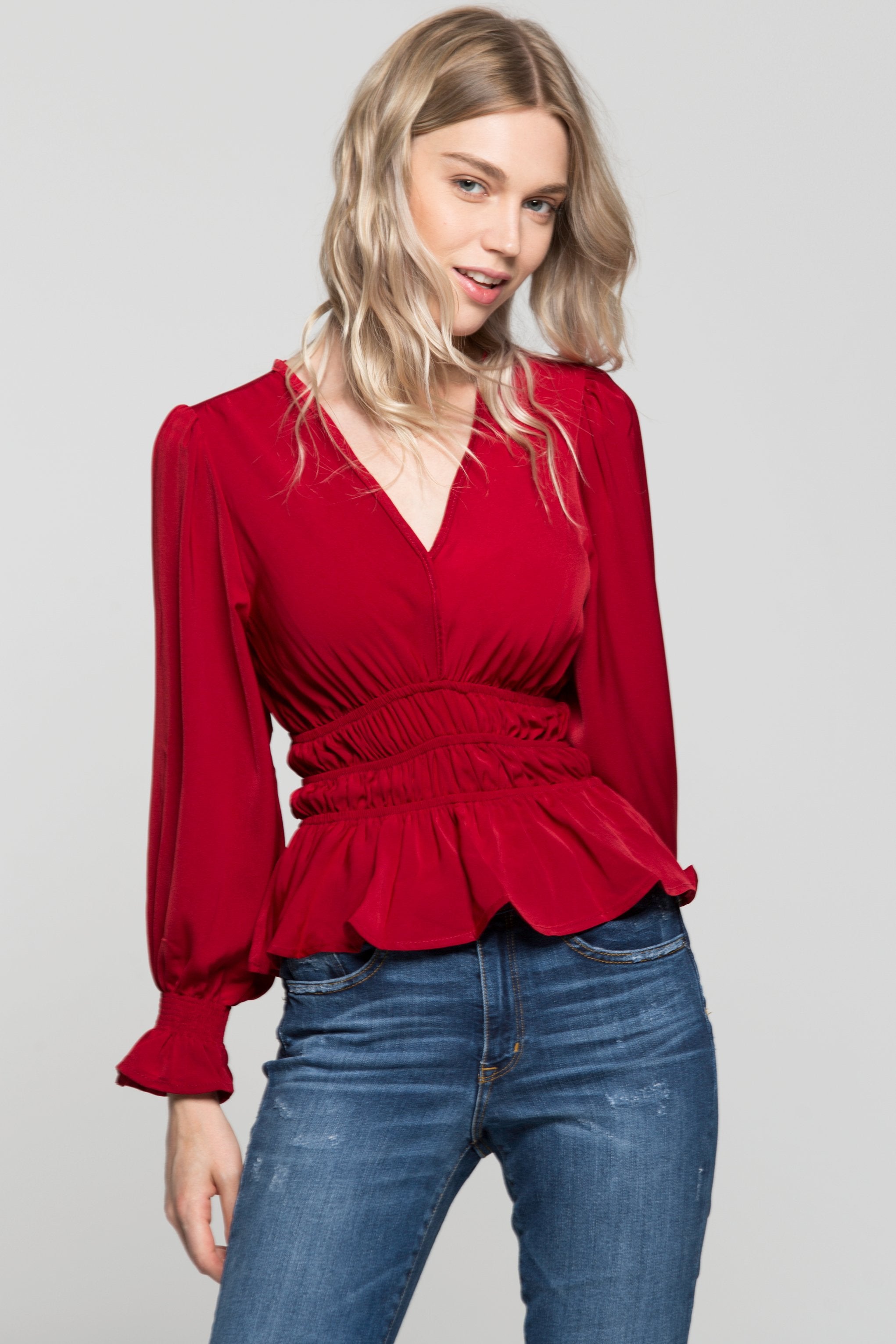 Crimson Red Smocked Waist Peplum Top - ownthelooks-Development