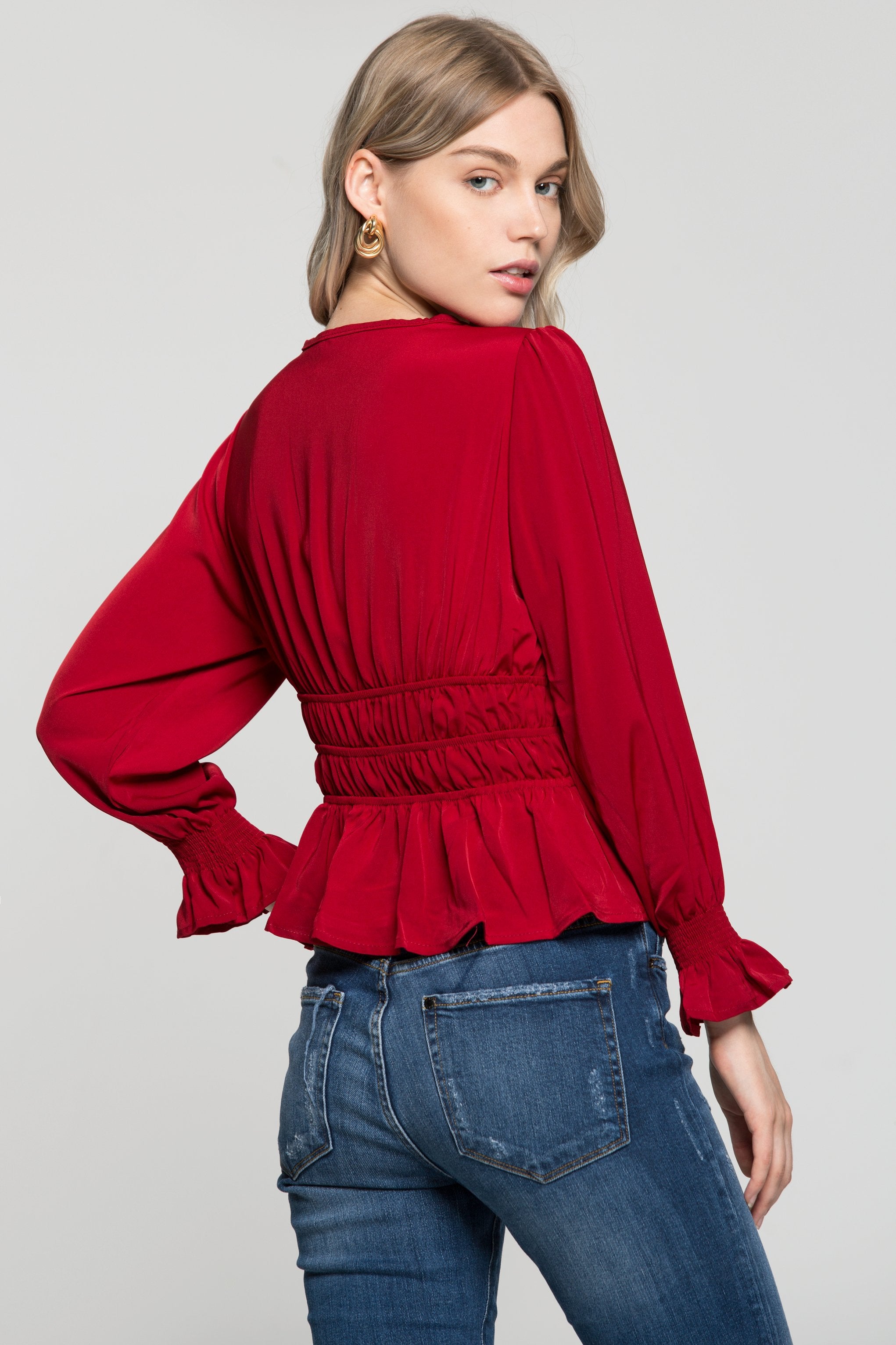 Crimson Red Smocked Waist Peplum Top - ownthelooks-Development
