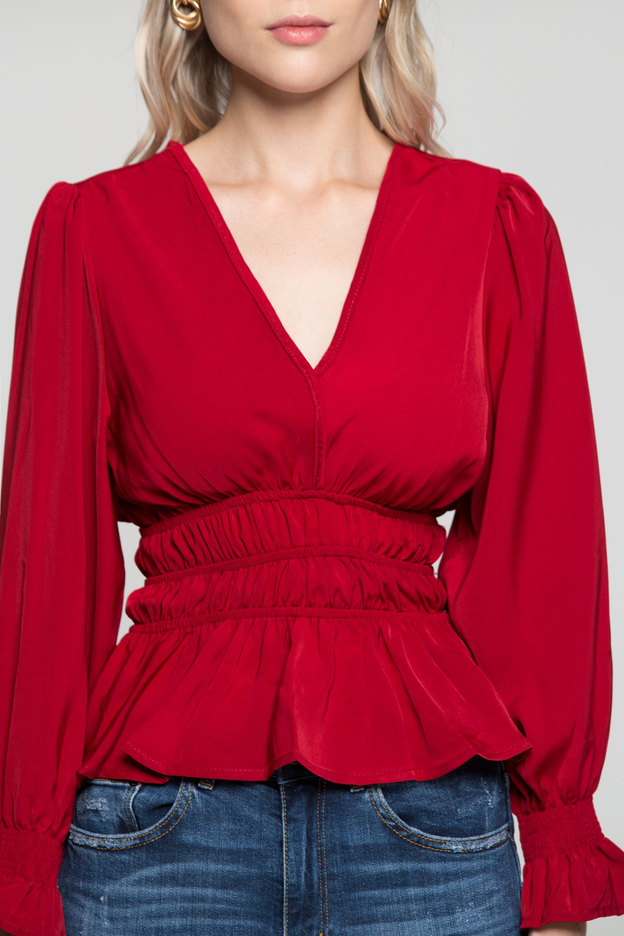 Crimson Red Smocked Waist Peplum Top - ownthelooks-Development