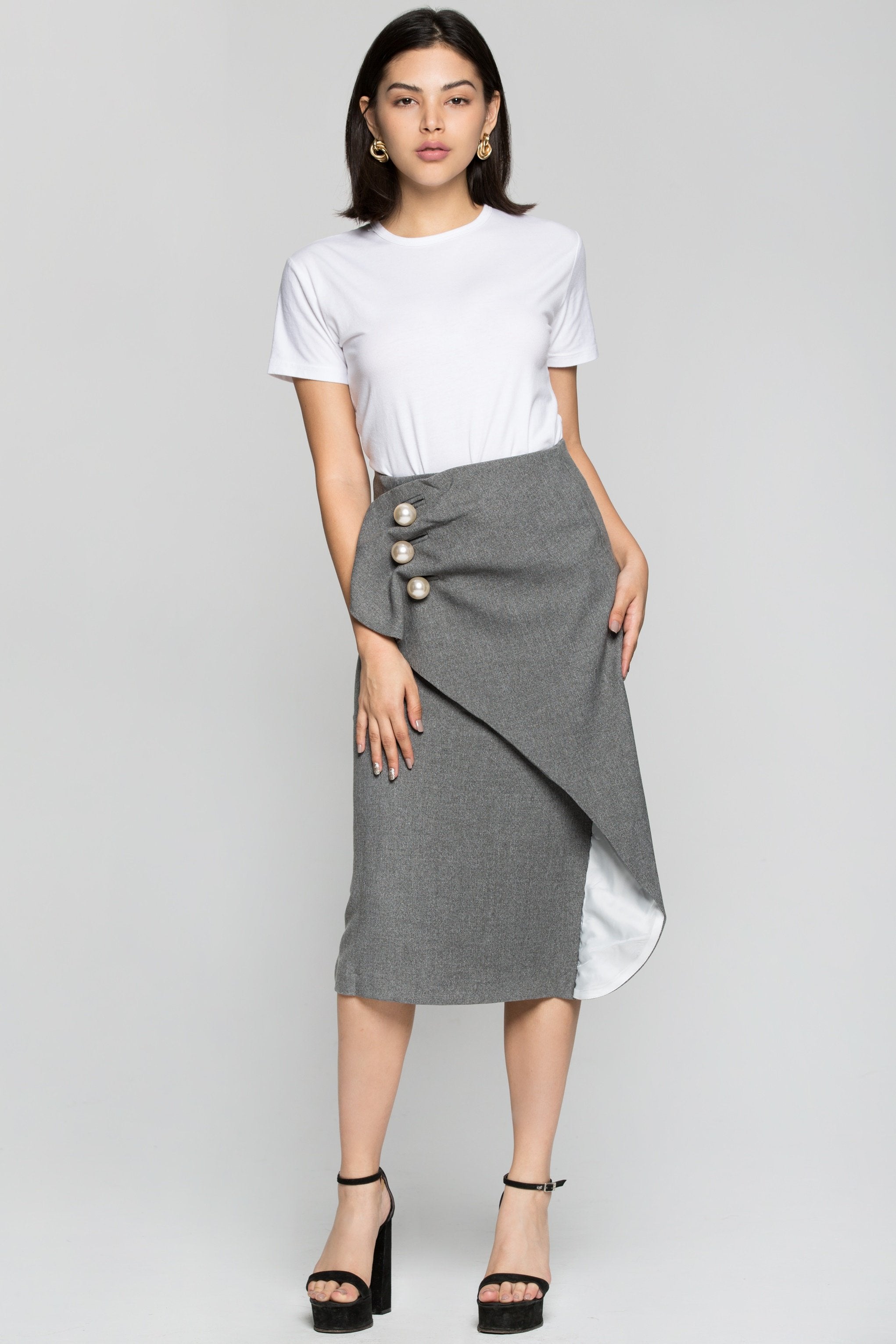 Grey Pearl Detail Pencil Skirt - ownthelooks-Development