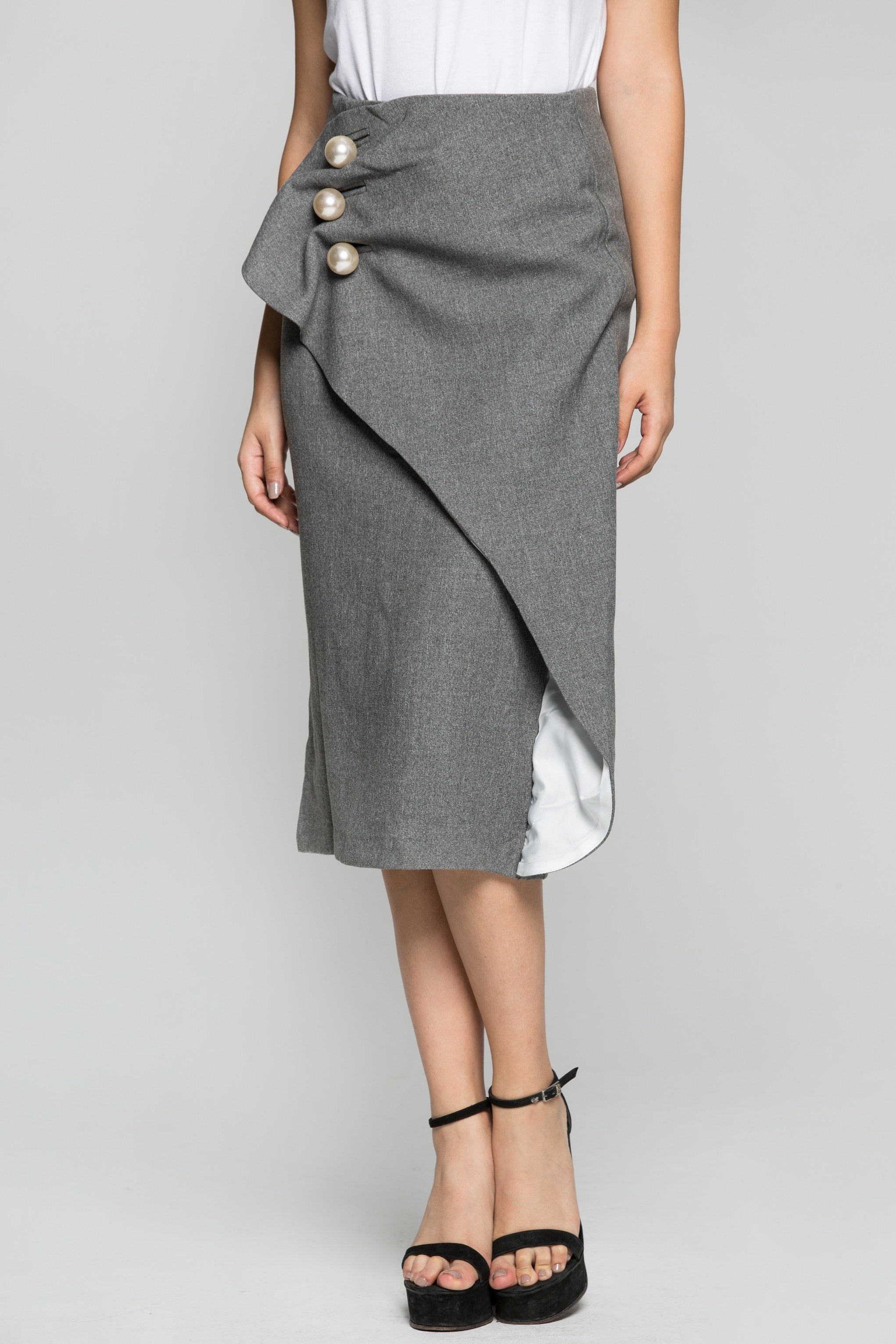 Grey Pearl Detail Pencil Skirt - ownthelooks-Development