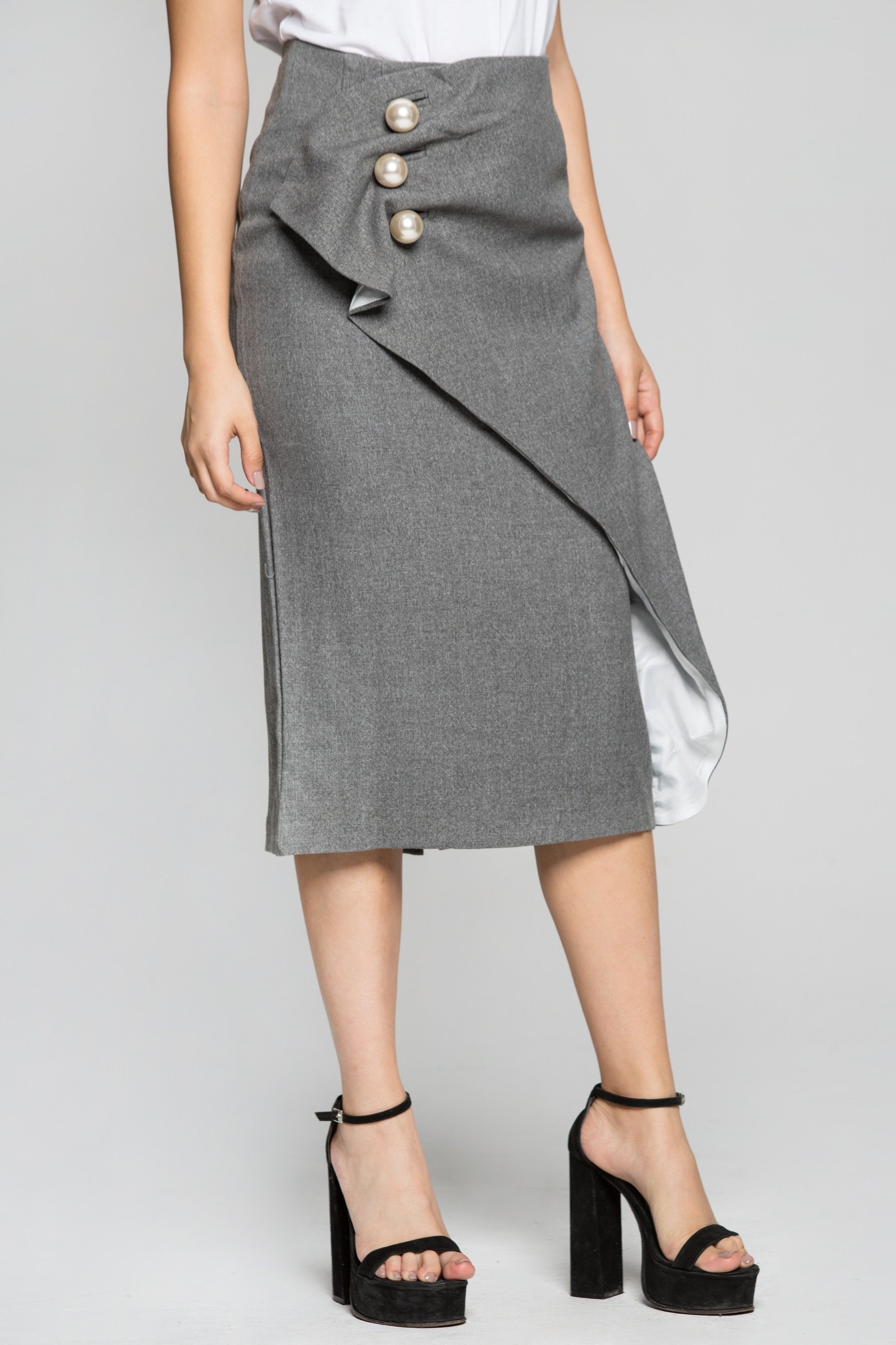 Grey Pearl Detail Pencil Skirt - ownthelooks-Development