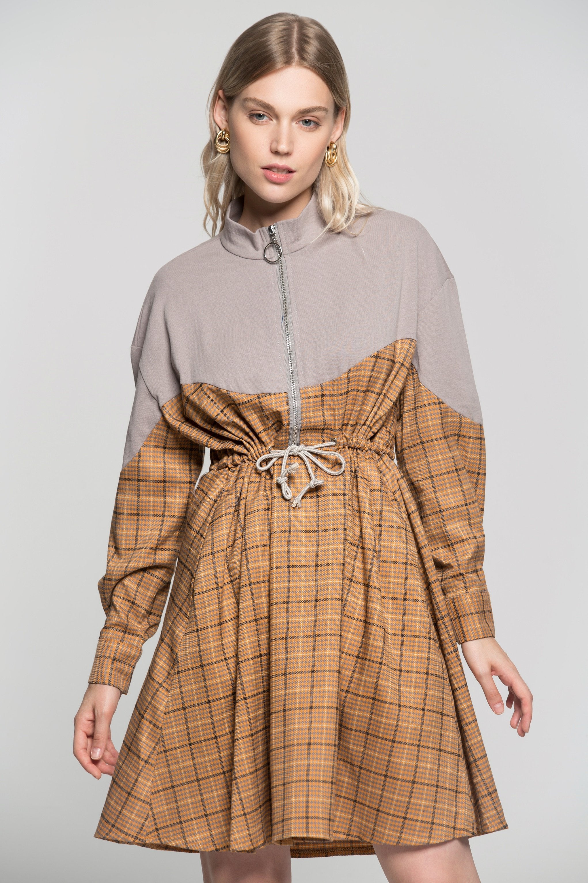 Heather Grey Zip Up Tattersall Print Drawstring Dress - ownthelooks-Development