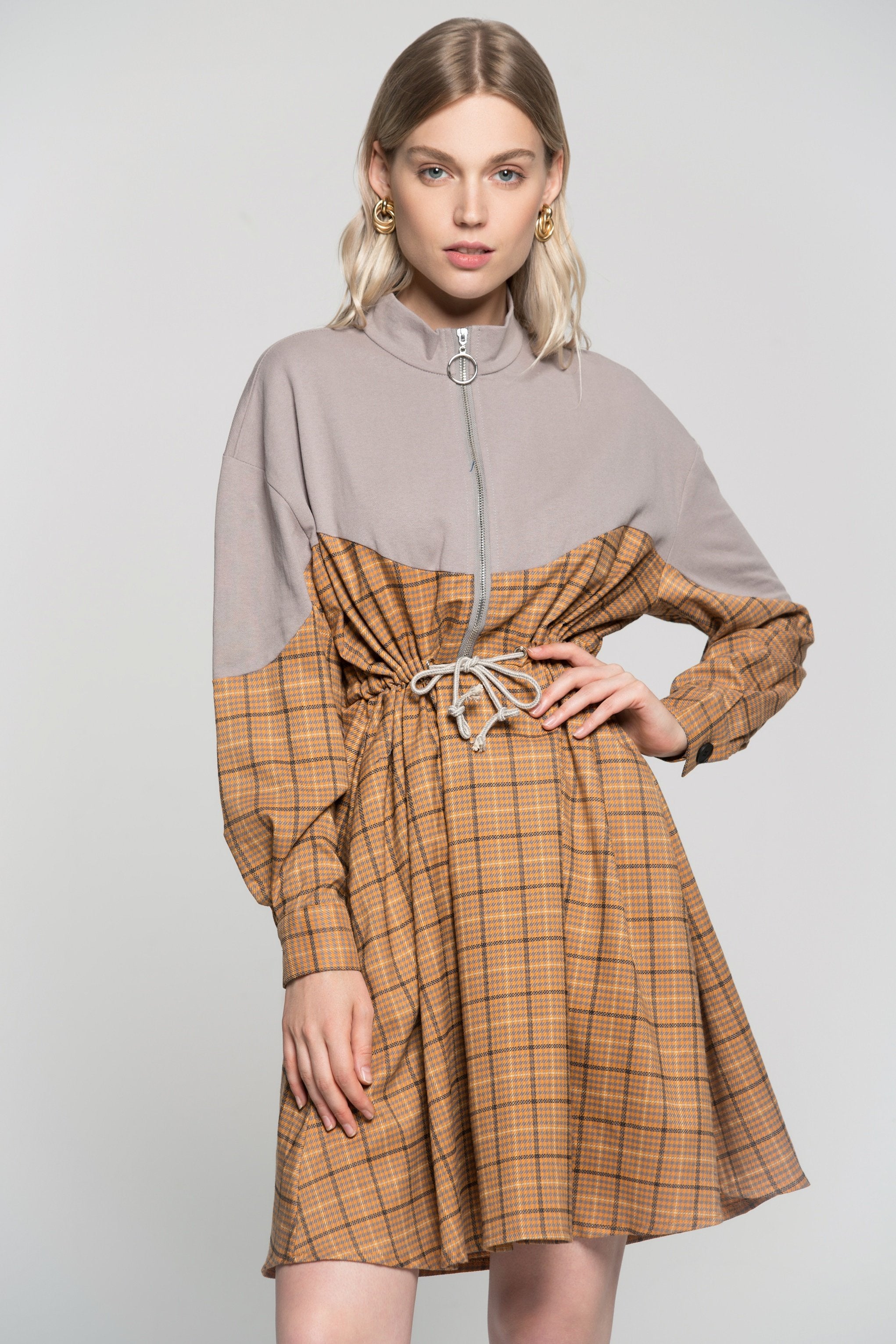 Heather Purple Zip Up Tattersall Print Drawstring Dress - ownthelooks-Development