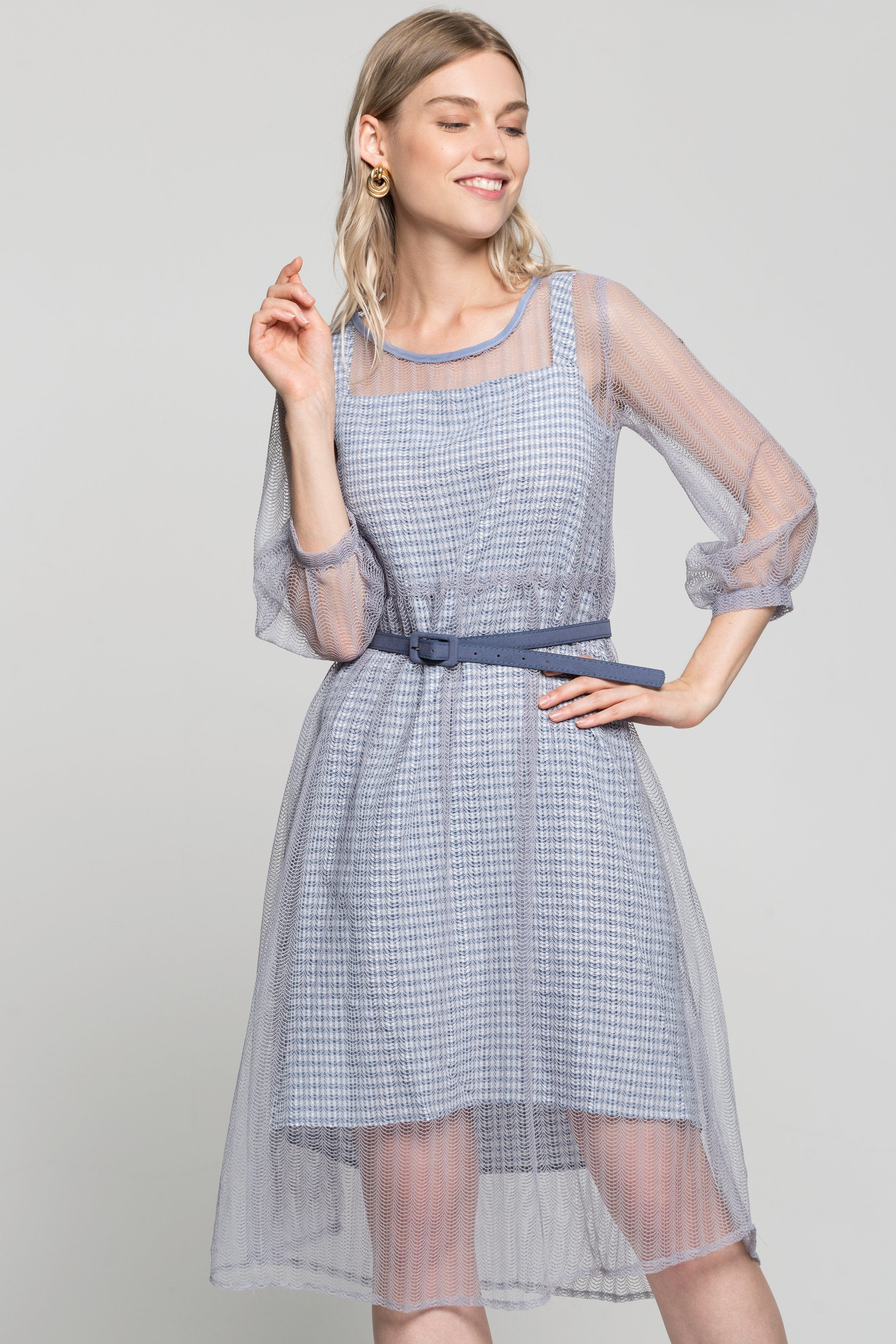 Lilac Sheer Sleeves Gingham Dress with Buckle Belt - ownthelooks-Development