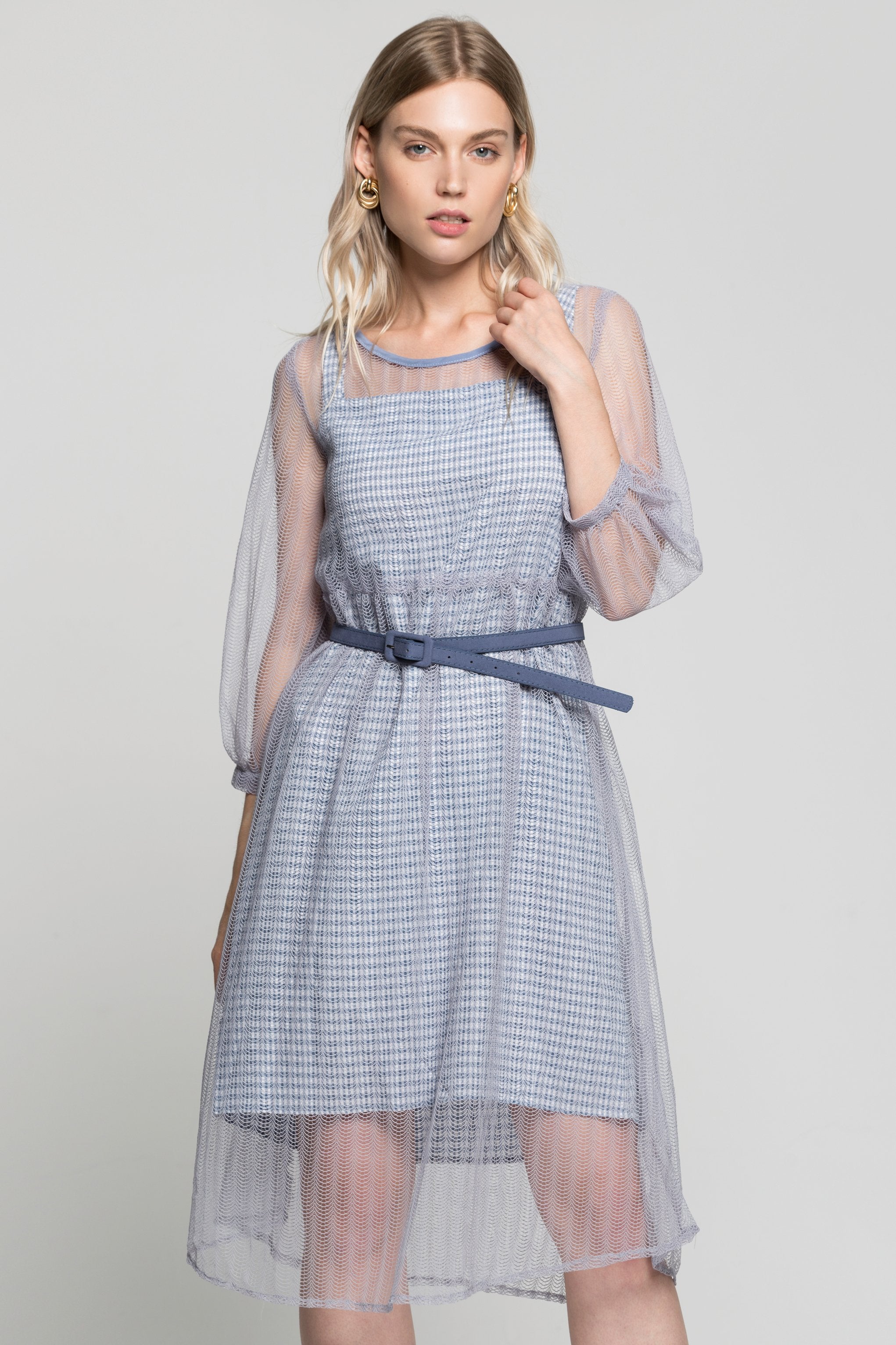 Lilac Sheer Sleeves Gingham Dress with Buckle Belt - ownthelooks-Development